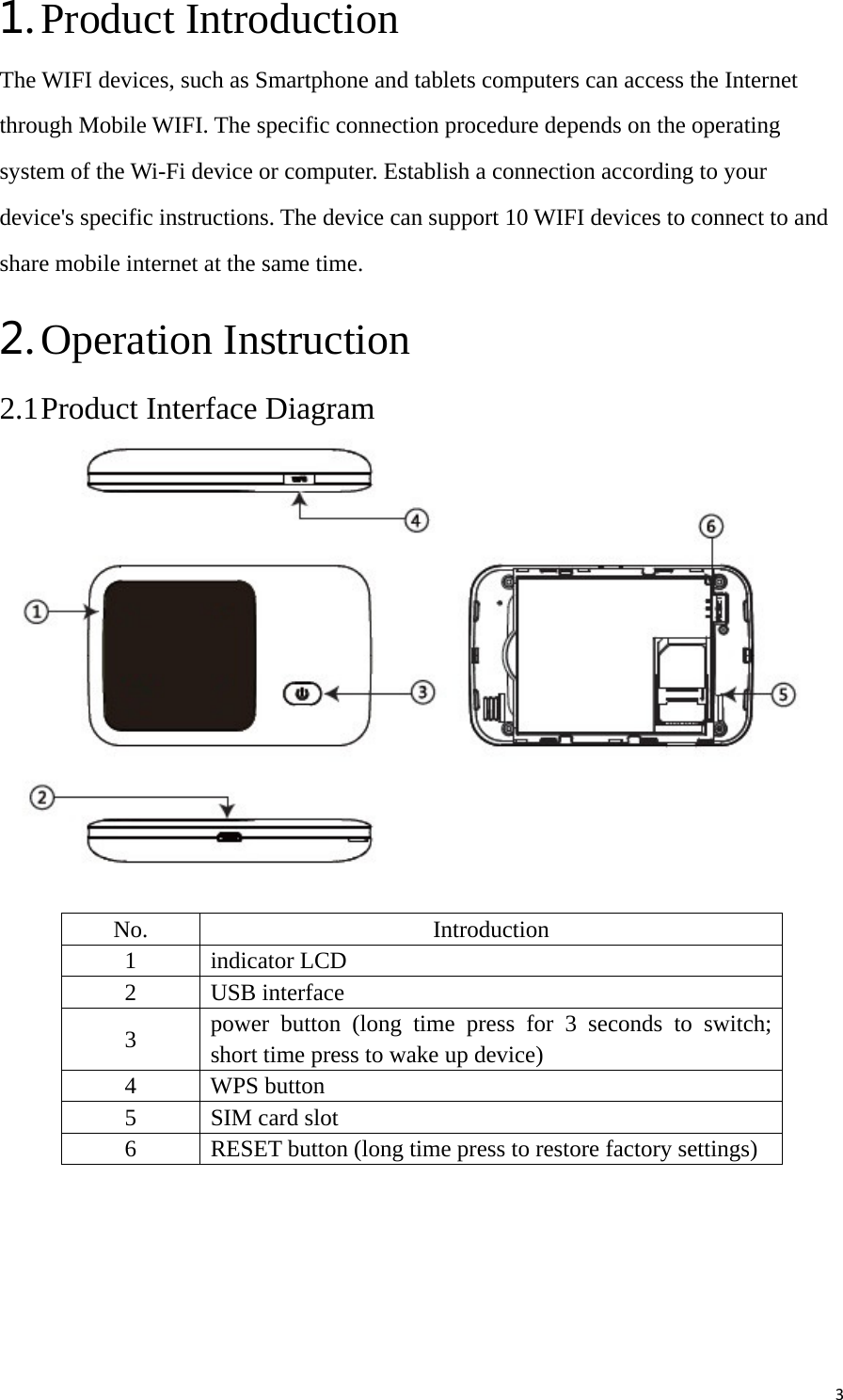 3 1. Product Introduction The WIFI devices, such as Smartphone and tablets computers can access the Internet through Mobile WIFI. The specific connection procedure depends on the operating system of the Wi-Fi device or computer. Establish a connection according to your device&apos;s specific instructions. The device can support 10 WIFI devices to connect to and share mobile internet at the same time. 2. Operation Instruction 2.1 Product Interface Diagram   No. Introduction  1 indicator LCD 2 USB interface 3  power button (long time press for 3 seconds to switch; short time press to wake up device) 4 WPS button  5  SIM card slot 6  RESET button (long time press to restore factory settings)          