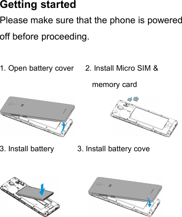 Getting startedPlease make sure that the phone is poweredoff before proceeding.1. Open battery cover 2. Install Micro SIM &amp;memory card3. Install battery 3. Install battery cove
