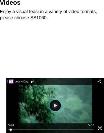 VideosEnjoy a visual feast in a variety of video formats,please choose SS1060.