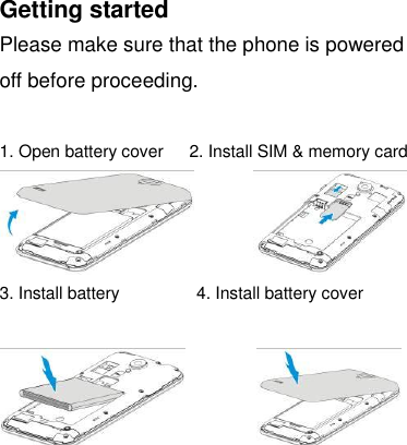 Getting started Please make sure that the phone is powered off before proceeding.  1. Open battery cover    2. Install SIM &amp; memory card              3. Install battery                  4. Install battery cover                
