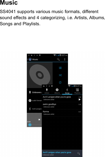 MusicSS4041 supports various music formats, differentsound effects and 4 categorizing, i.e. Artists, Albums,Songs and Playlists.