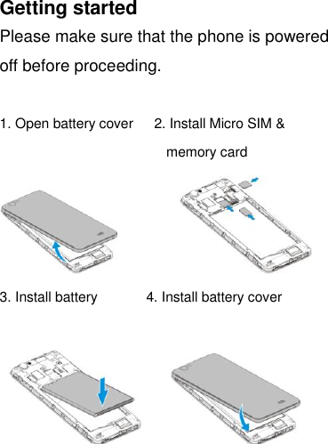 Getting started Please make sure that the phone is powered off before proceeding.  1. Open battery cover    2. Install Micro SIM &amp; memory card                 3. Install battery              4. Install battery cover            