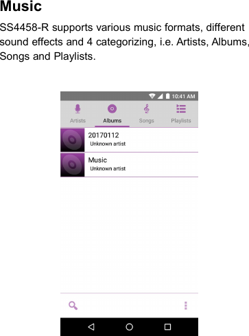 MusicSS4458-R supports various music formats, differentsound effects and 4 categorizing, i.e. Artists, Albums,Songs and Playlists.