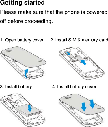Getting started Please make sure that the phone is powered off before proceeding.  1. Open battery cover   2. Install SIM &amp; memory card        3. Install battery         4. Install battery cover          