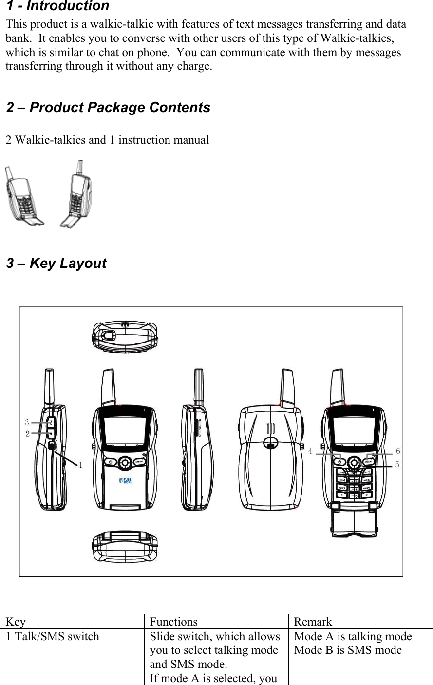 1 - Introduction This product is a walkie-talkie with features of text messages transferring and data bank.  It enables you to converse with other users of this type of Walkie-talkies, which is similar to chat on phone.  You can communicate with them by messages transferring through it without any charge.  2 – Product Package Contents  2 Walkie-talkies and 1 instruction manual    3 – Key Layout    Key   Functions  Remark 1 Talk/SMS switch  Slide switch, which allows you to select talking mode and SMS mode. If mode A is selected, you Mode A is talking mode Mode B is SMS mode  