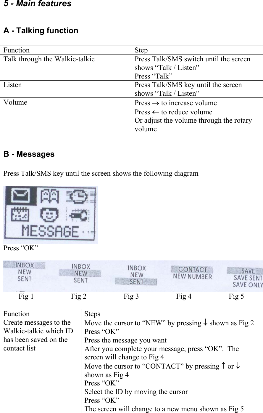 5 - Main features  A - Talking function  Function Step Talk through the Walkie-talkie  Press Talk/SMS switch until the screen shows “Talk / Listen” Press “Talk” Listen  Press Talk/SMS key until the screen shows “Talk / Listen” Volume  Press → to increase volume Press ← to reduce volume  Or adjust the volume through the rotary volume  B - Messages  Press Talk/SMS key until the screen shows the following diagram   Press “OK”   Fig 1  Fig 2  Fig 3  Fig 4  Fig 5  Function Steps Create messages to the Walkie-talkie which ID has been saved on the contact list Move the cursor to “NEW” by pressing ↓ shown as Fig 2 Press “OK” Press the message you want After you complete your message, press “OK”.  The screen will change to Fig 4 Move the cursor to “CONTACT” by pressing ↑ or ↓ shown as Fig 4 Press “OK” Select the ID by moving the cursor Press “OK” The screen will change to a new menu shown as Fig 5 