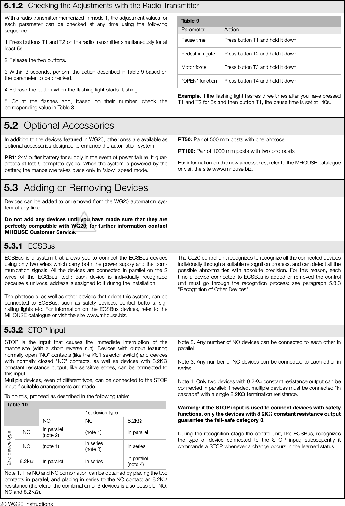 20 WG20 InstructionsWith a radio transmitter memorized in mode 1, the adjustment values foreach parameter can be checked at any time using the followingsequence:1 Press buttons T1 and T2 on the radio transmitter simultaneously for atleast 5s.2 Release the two buttons.3 Within 3 seconds, perform the action described in Table 9 based onthe parameter to be checked.4 Release the button when the flashing light starts flashing.5 Count the flashes and, based on their number, check thecorresponding value in Table 8.Example. If the flashing light flashes three times after you have pressedT1 and T2 for 5s and then button T1, the pause time is set at  40s.5.1.2  Checking the Adjustments with the Radio TransmitterTable 9Parameter ActionPause time Press button T1 and hold it downPedestrian gate Press button T2 and hold it downMotor force Press button T3 and hold it down"OPEN" function Press button T4 and hold it down5.2  Optional AccessoriesIn addition to the devices featured in WG20, other ones are available asoptional accessories designed to enhance the automation system.PR1: 24V buffer battery for supply in the event of power failure. It guar-antees at last 5 complete cycles. When the system is powered by thebattery, the manoeuvre takes place only in "slow" speed mode.PT50: Pair of 500 mm posts with one photocellPT100: Pair of 1000 mm posts with two photocellsFor information on the new accessories, refer to the MHOUSE catalogueor visit the site www.mhouse.biz.5.3  Adding or Removing DevicesDevices can be added to or removed from the WG20 automation sys-tem at any time. Do not add any devices until you have made sure that they areperfectly compatible with WG20; for further information contactMHOUSE Customer Service.5.3.1  ECSBusECSBus is a system that allows you to connect the ECSBus devicesusing only two wires which carry both the power supply and the com-munication signals. All the devices are connected in parallel on the 2wires of the ECSBus itself; each device is individually recognizedbecause a univocal address is assigned to it during the installation.The photocells, as well as other devices that adopt this system, can beconnected to ECSBus, such as safety devices, control buttons, sig-nalling lights etc. For information on the ECSBus devices, refer to theMHOUSE catalogue or visit the site www.mhouse.biz.The CL20 control unit recognizes to recognize all the connected devicesindividually through a suitable recognition process, and can detect all thepossible abnormalities with absolute precision. For this reason, eachtime a device connected to ECSBus is added or removed the controlunit must go through the recognition process; see paragraph 5.3.3"Recognition of Other Devices".5.3.2  STOP InputSTOP is the input that causes the immediate interruption of themanoeuvre (with a short reverse run). Devices with output featuringnormally open "NO" contacts (like the KS1 selector switch) and deviceswith normally closed "NC" contacts, as well as devices with 8.2KΩconstant resistance output, like sensitive edges, can be connected tothis input. Multiple devices, even of different type, can be connected to the STOPinput if suitable arrangements are made.To do this, proceed as described in the following table:Note 1. The NO and NC combination can be obtained by placing the twocontacts in parallel, and placing in series to the NC contact an 8.2KΩresistance (therefore, the combination of 3 devices is also possible: NO,NC and 8.2KΩ).Note 2. Any number of NO devices can be connected to each other inparallel.Note 3. Any number of NC devices can be connected to each other inseries.Note 4. Only two devices with 8.2KΩconstant resistance output can beconnected in parallel; if needed, multiple devices must be connected "incascade" with a single 8.2KΩtermination resistance.Warning: if the STOP input is used to connect devices with safetyfunctions, only the devices with 8.2KΩconstant resistance outputguarantee the fail-safe category 3.During the recognition stage the control unit, like ECSBus, recognizesthe type of device connected to the STOP input; subsequently itcommands a STOP whenever a change occurs in the learned status.Table 101st device type:NO NC 8,2kΩ2nd device typeNO In parallel (note 2) (note 1) In parallelNC (note 1) In series (note 3) In series8,2kΩIn parallel In series in parallel(note 4)