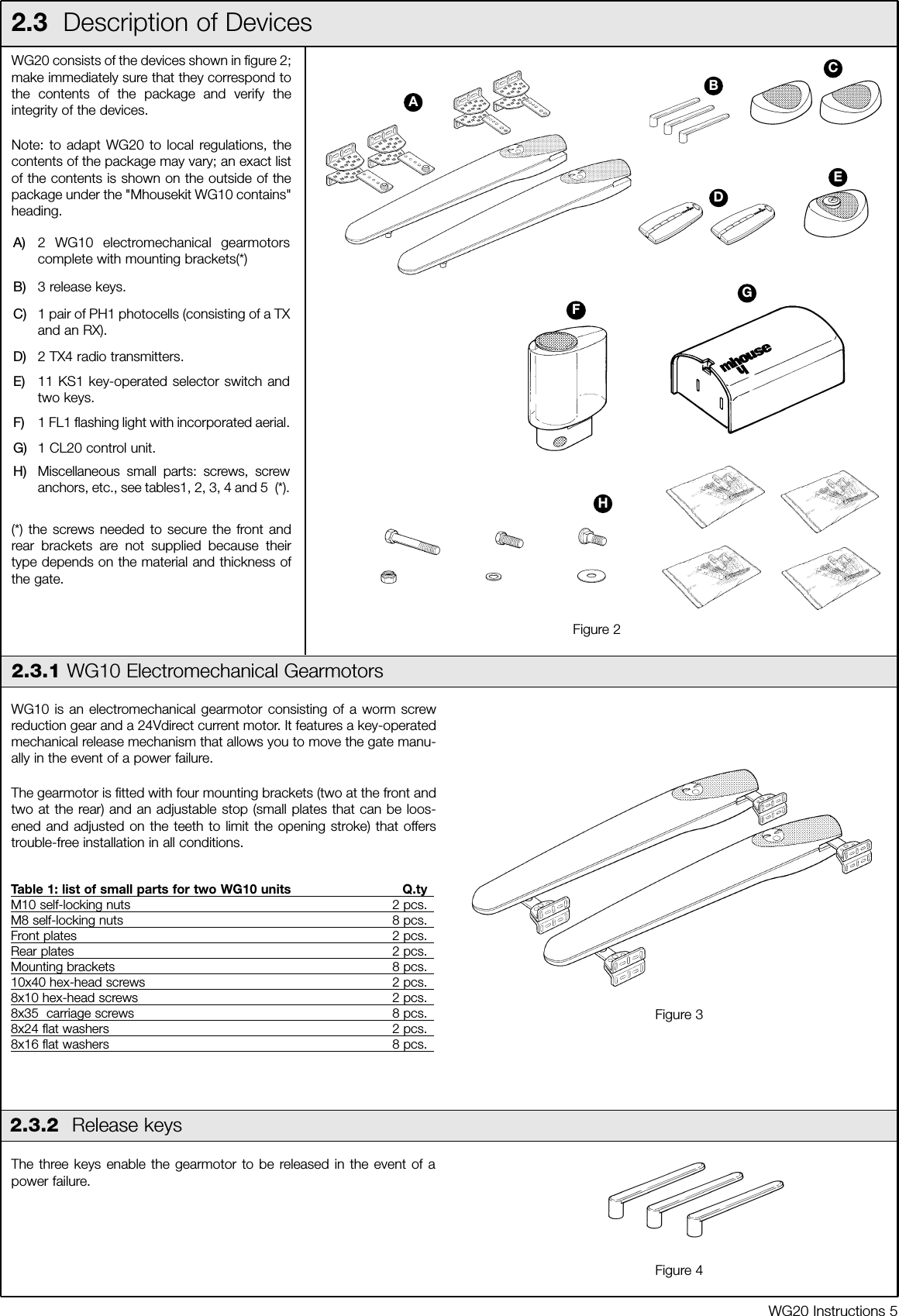 WG20 Instructions 5WG20 consists of the devices shown in figure 2;make immediately sure that they correspond tothe contents of the package and verify theintegrity of the devices. Note: to adapt WG20 to local regulations, thecontents of the package may vary; an exact listof the contents is shown on the outside of thepackage under the "Mhousekit WG10 contains"heading.2.3  Description of DevicesA) 2 WG10 electromechanical gearmotorscomplete with mounting brackets(*)B) 3 release keys.C) 1 pair of PH1 photocells (consisting of a TXand an RX).D) 2 TX4 radio transmitters.E) 11 KS1 key-operated selector switch andtwo keys.F) 1 FL1 flashing light with incorporated aerial.G) 1 CL20 control unit.H) Miscellaneous small parts: screws, screwanchors, etc., see tables1, 2, 3, 4 and 5  (*).(*) the screws needed to secure the front andrear brackets are not supplied because theirtype depends on the material and thickness ofthe gate.WG10 is an electromechanical gearmotor consisting of a worm screwreduction gear and a 24Vdirect current motor. It features a key-operatedmechanical release mechanism that allows you to move the gate manu-ally in the event of a power failure. The gearmotor is fitted with four mounting brackets (two at the front andtwo at the rear) and an adjustable stop (small plates that can be loos-ened and adjusted on the teeth to limit the opening stroke) that offerstrouble-free installation in all conditions.Table 1: list of small parts for two WG10 units Q.tyM10 self-locking nuts  2 pcs.M8 self-locking nuts  8 pcs.Front plates 2 pcs.Rear plates 2 pcs.Mounting brackets 8 pcs.10x40 hex-head screws  2 pcs.8x10 hex-head screws  2 pcs.8x35  carriage screws  8 pcs.8x24 flat washers  2 pcs.8x16 flat washers  8 pcs.2.3.1 WG10 Electromechanical GearmotorsThe three keys enable the gearmotor to be released in the event of apower failure.2.3.2  Release keysFigure 3Figure 2Figure 4BCDEGHFA