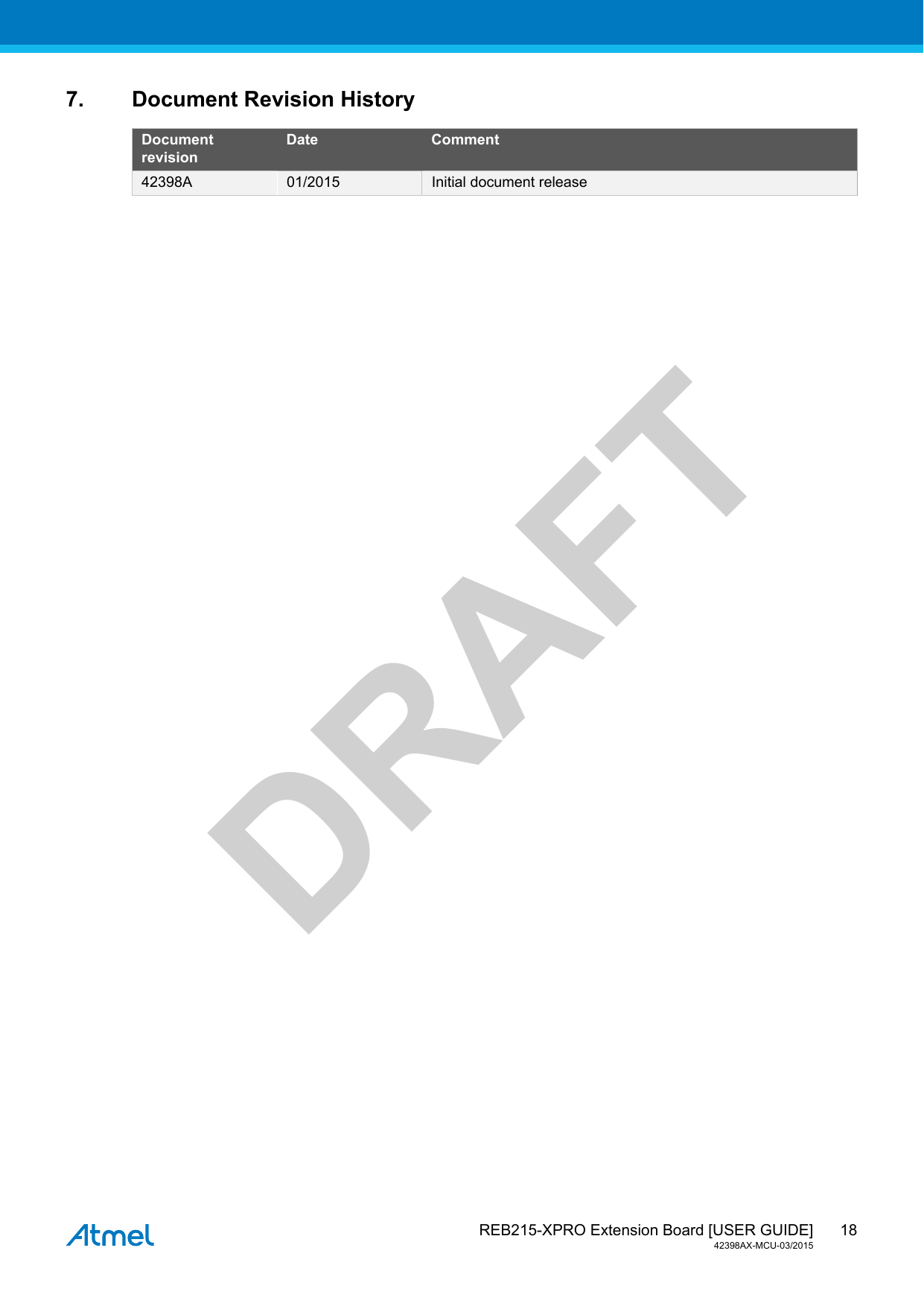  REB215-XPRO Extension Board [USER GUIDE]42398AX-MCU-03/201518DRAFT7. Document Revision HistoryDocumentrevisionDate Comment42398A 01/2015 Initial document release