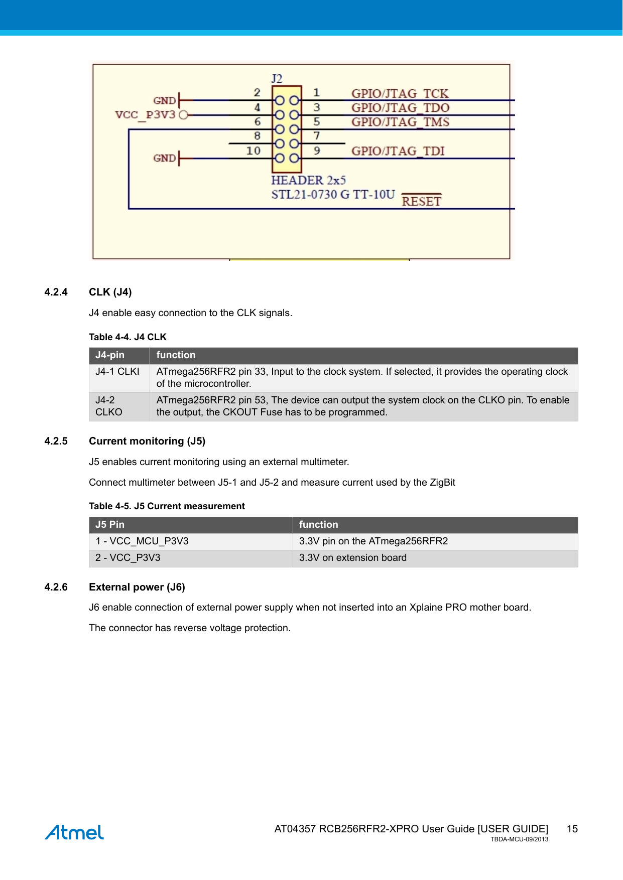  AT04357 RCB256RFR2-XPRO User Guide [USER GUIDE]TBDA-MCU-09/2013154.2.4 CLK (J4)J4 enable easy connection to the CLK signals.Table 4-4. J4 CLKJ4-pin functionJ4-1 CLKI ATmega256RFR2 pin 33, Input to the clock system. If selected, it provides the operating clockof the microcontroller.J4-2CLKOATmega256RFR2 pin 53, The device can output the system clock on the CLKO pin. To enablethe output, the CKOUT Fuse has to be programmed.4.2.5 Current monitoring (J5)J5 enables current monitoring using an external multimeter.Connect multimeter between J5-1 and J5-2 and measure current used by the ZigBitTable 4-5. J5 Current measurementJ5 Pin function1 - VCC_MCU_P3V3 3.3V pin on the ATmega256RFR22 - VCC_P3V3 3.3V on extension board4.2.6 External power (J6)J6 enable connection of external power supply when not inserted into an Xplaine PRO mother board.The connector has reverse voltage protection.