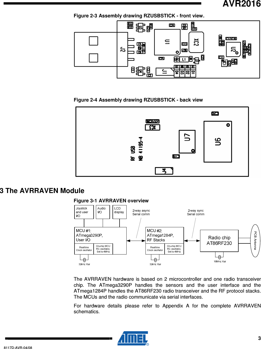   AVR2016     3 8117D-AVR-04/08 Figure 2-3 Assembly drawing RZUSBSTICK - front view.   Figure 2-4 Assembly drawing RZUSBSTICK - back view  3 The AVRRAVEN Module Figure 3-1 AVRRAVEN overview  The AVRRAVEN hardware is  based on 2 microcontroller and one radio transceiver chip.  The  ATmega3290P  handles  the  sensors  and  the  user  interface  and  the ATmega1284P handles the AT86RF230 radio transceiver and the RF protocol stacks.  The MCUs and the radio communicate via serial interfaces.  For  hardware  details  please  refer  to  Appendix  A  for  the  complete  AVRRAVEN schematics. 