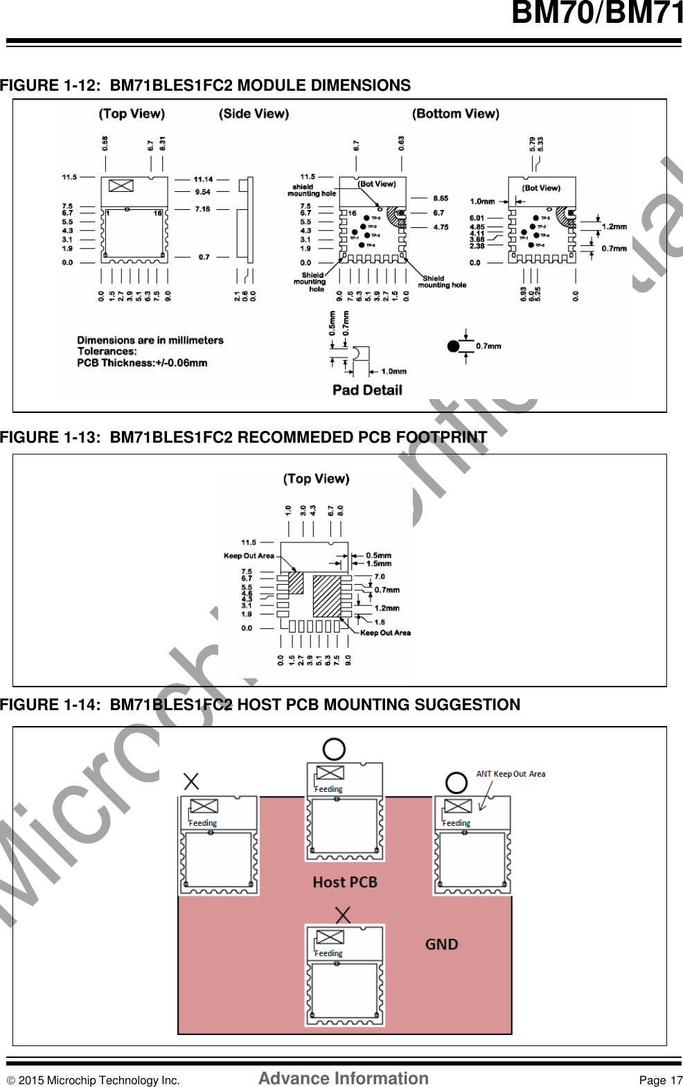    BM70/BM71   FIGURE 1-12:  BM71BLES1FC2 MODULE DIMENSIONS                   FIGURE 1-13:  BM71BLES1FC2 RECOMMEDED PCB FOOTPRINT           FIGURE 1-14:  BM71BLES1FC2 HOST PCB MOUNTING SUGGESTION                    2015 Microchip Technology Inc.  Advance Information  Page 17 