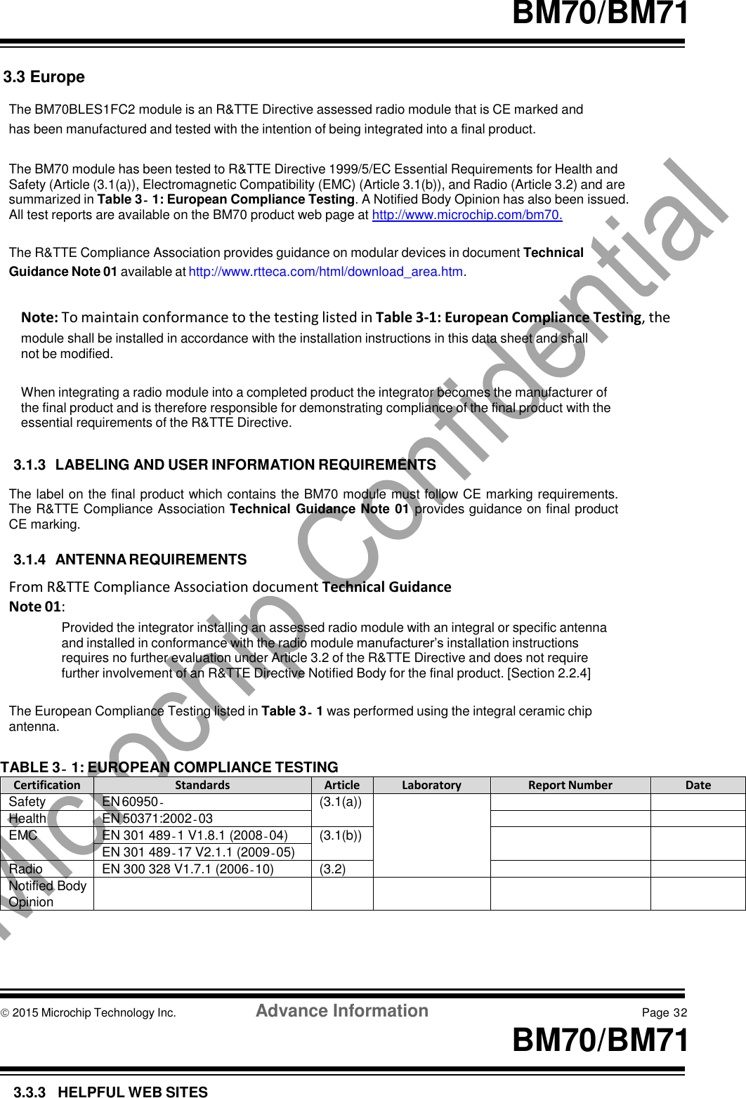    BM70/BM71   3.3 Europe  The BM70BLES1FC2 module is an R&amp;TTE Directive assessed radio module that is CE marked and has been manufactured and tested with the intention of being integrated into a final product.  The BM70 module has been tested to R&amp;TTE Directive 1999/5/EC Essential Requirements for Health and Safety (Article (3.1(a)), Electromagnetic Compatibility (EMC) (Article 3.1(b)), and Radio (Article 3.2) and are summarized in Table 3‐1: European Compliance Testing. A Notified Body Opinion has also been issued. All test reports are available on the BM70 product web page at http://www.microchip.com/bm70.  The R&amp;TTE Compliance Association provides guidance on modular devices in document Technical Guidance Note 01 available at http://www.rtteca.com/html/download_area.htm.   Note: To maintain conformance to the testing listed in Table 3‐1: European Compliance Testing, the module shall be installed in accordance with the installation instructions in this data sheet and shall not be modified.  When integrating a radio module into a completed product the integrator becomes the manufacturer of the final product and is therefore responsible for demonstrating compliance of the final product with the essential requirements of the R&amp;TTE Directive.   3.1.3  LABELING AND USER INFORMATION REQUIREMENTS  The label on the final product which contains the BM70 module must follow CE marking requirements. The R&amp;TTE Compliance Association Technical Guidance Note 01 provides guidance on final product CE marking.  3.1.4  ANTENNA REQUIREMENTS  From R&amp;TTE Compliance Association document Technical Guidance Note 01: Provided the integrator installing an assessed radio module with an integral or specific antenna and installed in conformance with the radio module manufacturer’s installation instructions requires no further evaluation under Article 3.2 of the R&amp;TTE Directive and does not require further involvement of an R&amp;TTE Directive Notified Body for the final product. [Section 2.2.4]  The European Compliance Testing listed in Table 3‐1 was performed using the integral ceramic chip antenna.  TABLE 3‐1: EUROPEAN COMPLIANCE TESTING Certification Standards Article Laboratory Report Number Date Safety EN 60950‐1:2006+A11:2009+A1:2010 (3.1(a))    Health EN 50371:2002‐03   EMC EN 301 489‐1 V1.8.1 (2008‐04) (3.1(b))   EN 301 489‐17 V2.1.1 (2009‐05) Radio EN 300 328 V1.7.1 (2006‐10) (3.2)   Notified Body Opinion          2015 Microchip Technology Inc.  Advance Information  Page 32  BM70/BM71  3.3.3   HELPFUL WEB SITES 