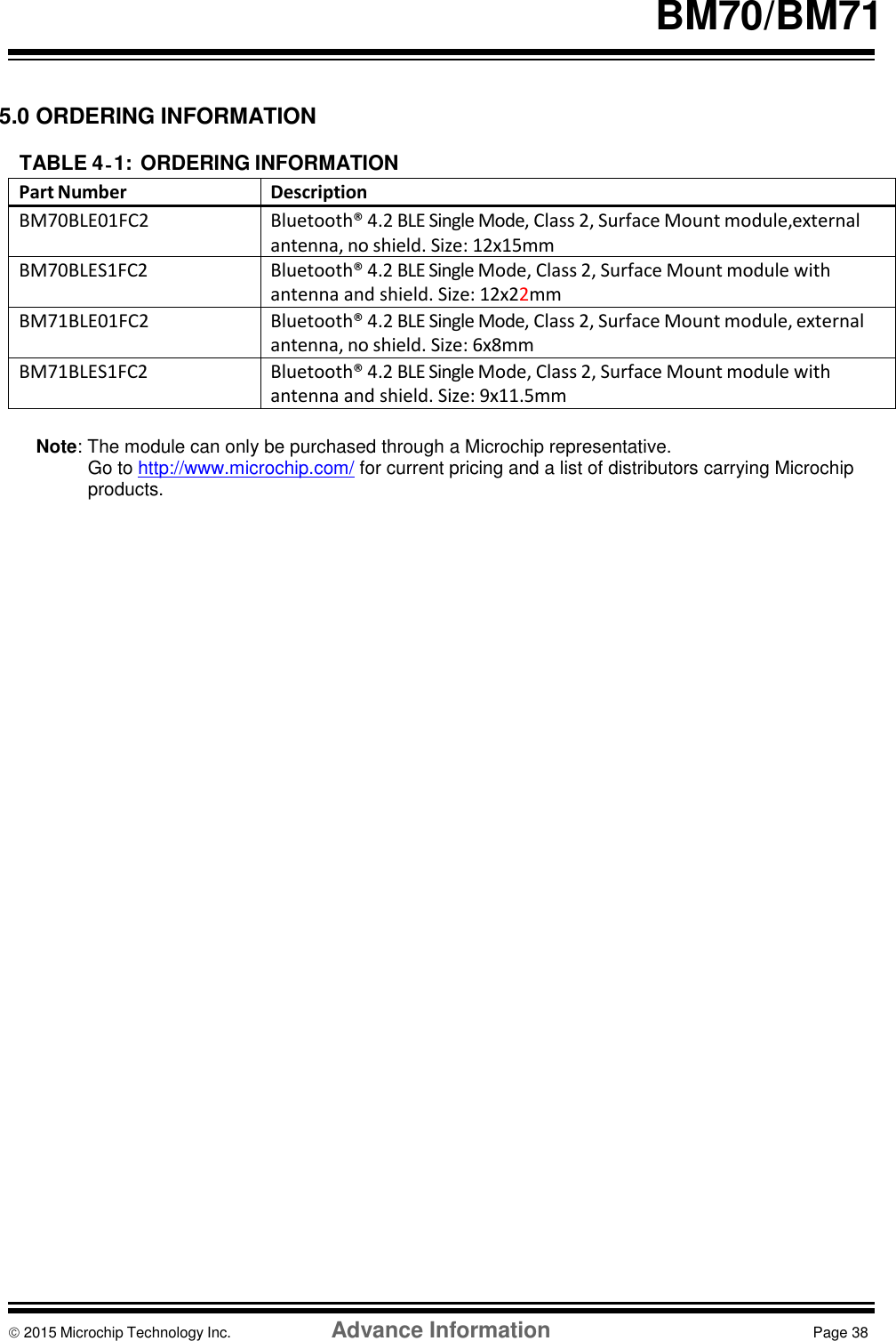    BM70/BM71  5.0 ORDERING INFORMATION  TABLE 4‐1: ORDERING INFORMATION Part Number Description BM70BLE01FC2 Bluetooth® 4.2 BLE Single Mode, Class 2, Surface Mount module,external antenna, no shield. Size: 12x15mm  BM70BLES1FC2 Bluetooth® 4.2 BLE Single Mode, Class 2, Surface Mount module with antenna and shield. Size: 12x22mm BM71BLE01FC2 Bluetooth® 4.2 BLE Single Mode, Class 2, Surface Mount module, external antenna, no shield. Size: 6x8mm  BM71BLES1FC2 Bluetooth® 4.2 BLE Single Mode, Class 2, Surface Mount module with antenna and shield. Size: 9x11.5mm  Note: The module can only be purchased through a Microchip representative. Go to http://www.microchip.com/ for current pricing and a list of distributors carrying Microchip products.                               2015 Microchip Technology Inc.  Advance Information  Page 38    