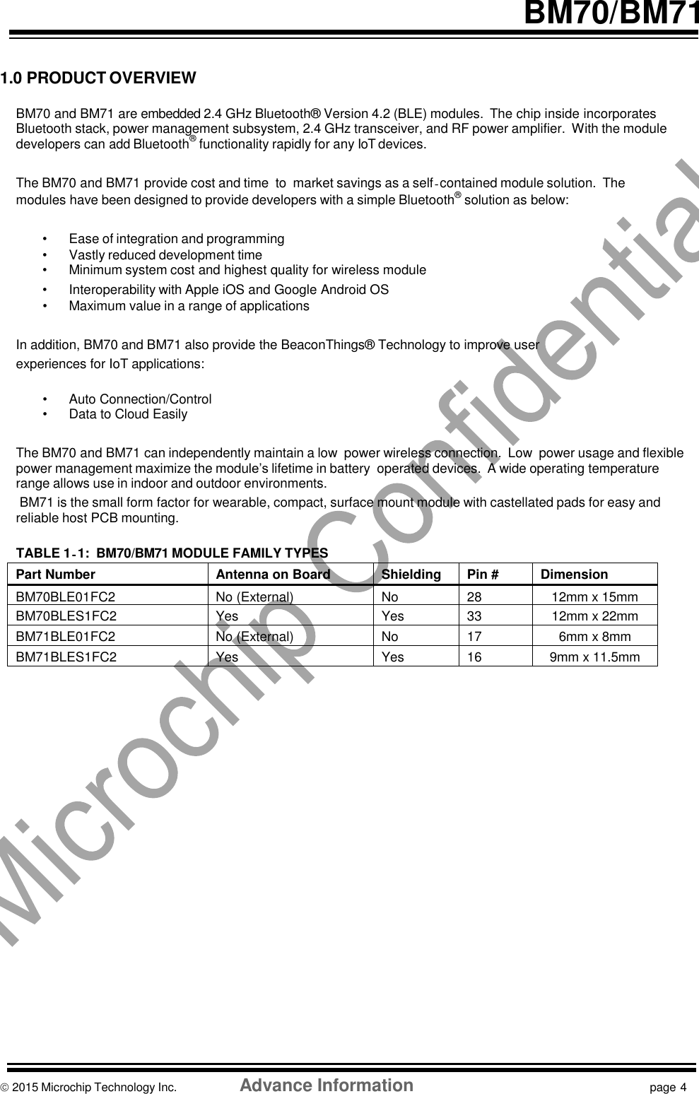    BM70/BM71   1.0 PRODUCT OVERVIEW  BM70 and BM71 are embedded 2.4 GHz Bluetooth® Version 4.2 (BLE) modules.  The chip inside incorporates Bluetooth stack, power management subsystem, 2.4 GHz transceiver, and RF power amplifier.  With the module developers can add Bluetooth® functionality rapidly for any IoT devices.  The BM70 and BM71 provide cost and time to market savings as a self‐contained module solution.  The modules have been designed to provide developers with a simple Bluetooth® solution as below:  •  Ease of integration and programming •  Vastly reduced development time •  Minimum system cost and highest quality for wireless module •  Interoperability with Apple iOS and Google Android OS •  Maximum value in a range of applications  In addition, BM70 and BM71 also provide the BeaconThings® Technology to improve user  experiences for IoT applications:  •  Auto Connection/Control  •  Data to Cloud Easily  The BM70 and BM71 can independently maintain a low power wireless connection.  Low power usage and flexible power management maximize the module’s lifetime in battery operated devices.  A wide operating temperature range allows use in indoor and outdoor environments.  BM71 is the small form factor for wearable, compact, surface mount module with castellated pads for easy and reliable host PCB mounting.  TABLE 1‐1:  BM70/BM71 MODULE FAMILY TYPES  Part Number Antenna on Board Shielding Pin # Dimension BM70BLE01FC2 No (External) No 28 12mm x 15mm BM70BLES1FC2 Yes Yes 33 12mm x 22mm BM71BLE01FC2 No (External) No 17 6mm x 8mm BM71BLES1FC2 Yes Yes 16 9mm x 11.5mm                           2015 Microchip Technology Inc.                   Advance Information  page 4 