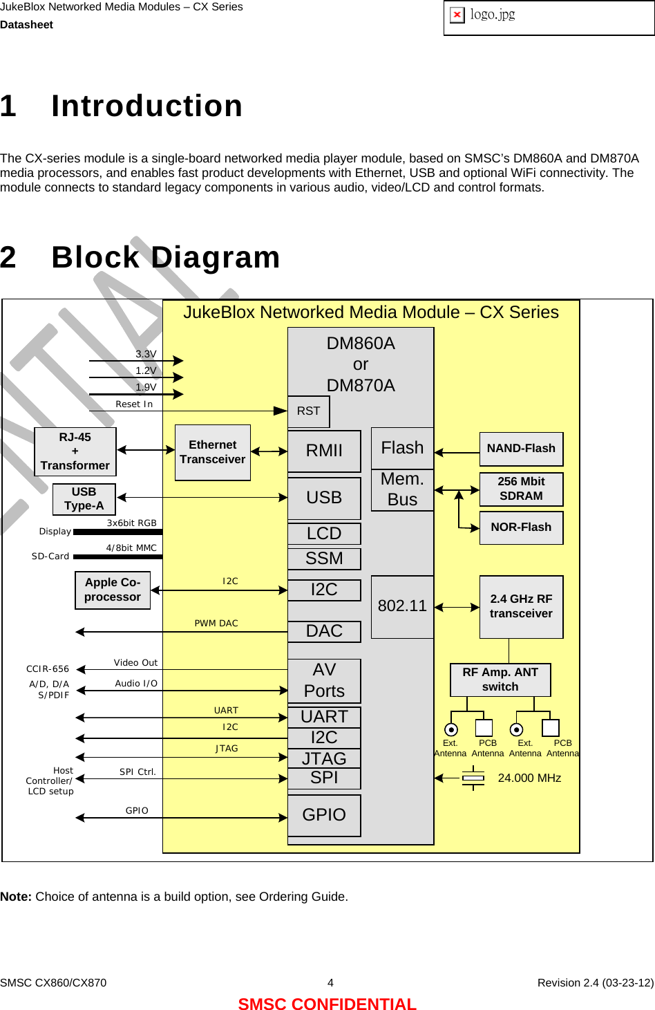 JukeBlox Networked Media Modules – CX Series  Datasheet  logo.jpg   SMSC CX860/CX870  4    Revision 2.4 (03-23-12) SMSC CONFIDENTIAL  1 Introduction  The CX-series module is a single-board networked media player module, based on SMSC’s DM860A and DM870A media processors, and enables fast product developments with Ethernet, USB and optional WiFi connectivity. The module connects to standard legacy components in various audio, video/LCD and control formats.   2 Block Diagram  Ethernet TransceiverDM860AorDM870A 256 MbitSDRAMRJ-45+ Transformer Mem. BusUSBGPIO24.000 MHzNAND-Flash2.4 GHz RF transceiver802.11RMIII2CUSBType-AUART3.3VJukeBlox Networked Media Module – CX Series1.2VUARTGPIODACPCBAntennaRF Amp. ANT switchExt.AntennaPWM DAC1.9VFlashNOR-FlashI2CApple Co-processorI2CJTAGI2CJTAGLCD3x6bit RGBDisplaySSM4/8bit MMCSD-CardRSTReset InVideo OutAudio I/OA/D, D/AS/PDIFCCIR-656 AV PortsSPISPI Ctrl.Host Controller/LCD setupPCBAntennaExt.Antenna  Note: Choice of antenna is a build option, see Ordering Guide. 