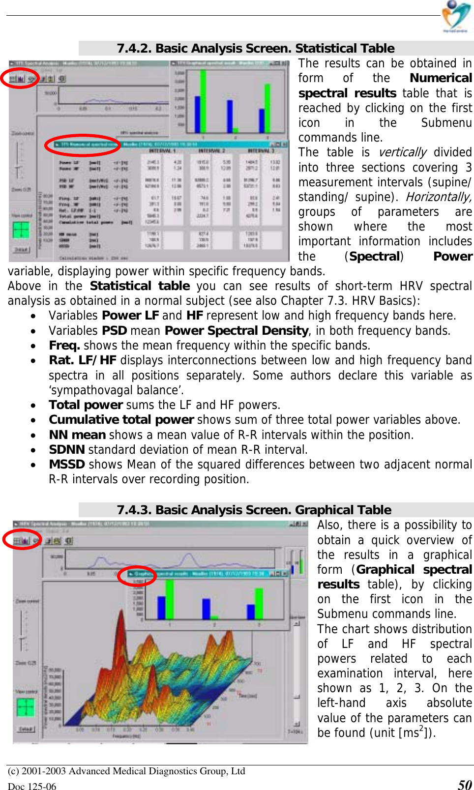    (c) 2001-2003 Advanced Medical Diagnostics Group, Ltd Doc 125-06    50 7.4.2. Basic Analysis Screen. Statistical Table The results can be obtained in form of the Numerical spectral results table that is reached by clicking on the first icon in the Submenu commands line.  The table is vertically divided into three sections covering 3 measurement intervals (supine/ standing/ supine). Horizontally, groups of parameters are shown where the most important information includes the (Spectral)  Power variable, displaying power within specific frequency bands.  Above in the Statistical table you can see results of short-term HRV spectral analysis as obtained in a normal subject (see also Chapter 7.3. HRV Basics): • Variables Power LF and HF represent low and high frequency bands here. • Variables PSD mean Power Spectral Density, in both frequency bands. • Freq. shows the mean frequency within the specific bands. • Rat. LF/HF displays interconnections between low and high frequency band spectra in all positions separately. Some authors declare this variable as ‘sympathovagal balance’. • Total power sums the LF and HF powers. • Cumulative total power shows sum of three total power variables above. • NN mean shows a mean value of R-R intervals within the position. • SDNN standard deviation of mean R-R interval. • MSSD shows Mean of the squared differences between two adjacent normal R-R intervals over recording position.   7.4.3. Basic Analysis Screen. Graphical Table Also, there is a possibility to obtain a quick overview of the results in a graphical form (Graphical spectral results  table), by clicking on the first icon in the Submenu commands line.  The chart shows distribution of LF and HF spectral powers related to each examination interval, here shown as 1, 2, 3. On the left-hand axis absolute value of the parameters can be found (unit [ms2]). 