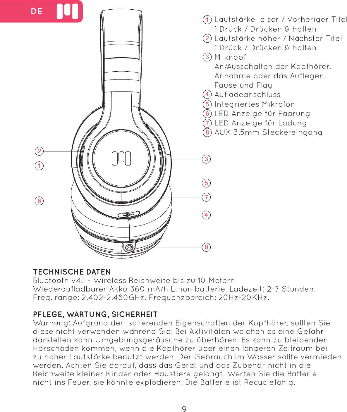 16235748 DE162357849Lautst&auml;rke leiser / Vorheriger Titel1 Dr&uuml;ck / Dr&uuml;cken &amp; haltenLautst&auml;rke h&ouml;her / N&auml;chster Titel1 Dr&uuml;ck / Dr&uuml;cken &amp; haltenM-knopfAn/Ausschalten der Kopfh&ouml;rer. Annahme oder das Auflegen, Pause und PlayAufladeanschlussIntegriertes MikrofonLED Anzeige f&uuml;r Paarung LED Anzeige f&uuml;r LadungAUX 3.5mm SteckereingangTECHNISCHE DATENBluetooth v4.1 - Wireless Reichweite bis zu 10 MeternWiederaufladbarer Akku 360 mA/h Li-ion batterie. Ladezeit: 2-3 Stunden.Freq. range: 2.402-2.480GHz. Frequenzbereich: 20Hz-20KHz.PFLEGE, WARTUNG, SICHERHEIT Warnung: Aufgrund der isolierenden Eigenschaften der Kopfh&ouml;rer, sollten Sie diese nicht verwenden w&auml;hrend Sie: Bei Aktivit&auml;ten welchen es eine Gefahr darstellen kann Umgebungsger&auml;usche zu &uuml;berh&ouml;ren. Es kann zu bleibenden H&ouml;rsch&auml;den kommen, wenn die Kopfh&ouml;rer &uuml;ber einen l&auml;ngeren Zeitraum bei zu hoher Lautst&auml;rke benutzt werden. Der Gebrauch im Wasser sollte vermieden werden. Achten Sie darauf, dass das Ger&auml;t und das Zubeh&ouml;r nicht in die Reichweite kleiner Kinder oder Haustiere gelangt. Werfen Sie die Batterie nicht ins Feuer, sie k&ouml;nnte explodieren. Die Batterie ist Recyclef&auml;hig.