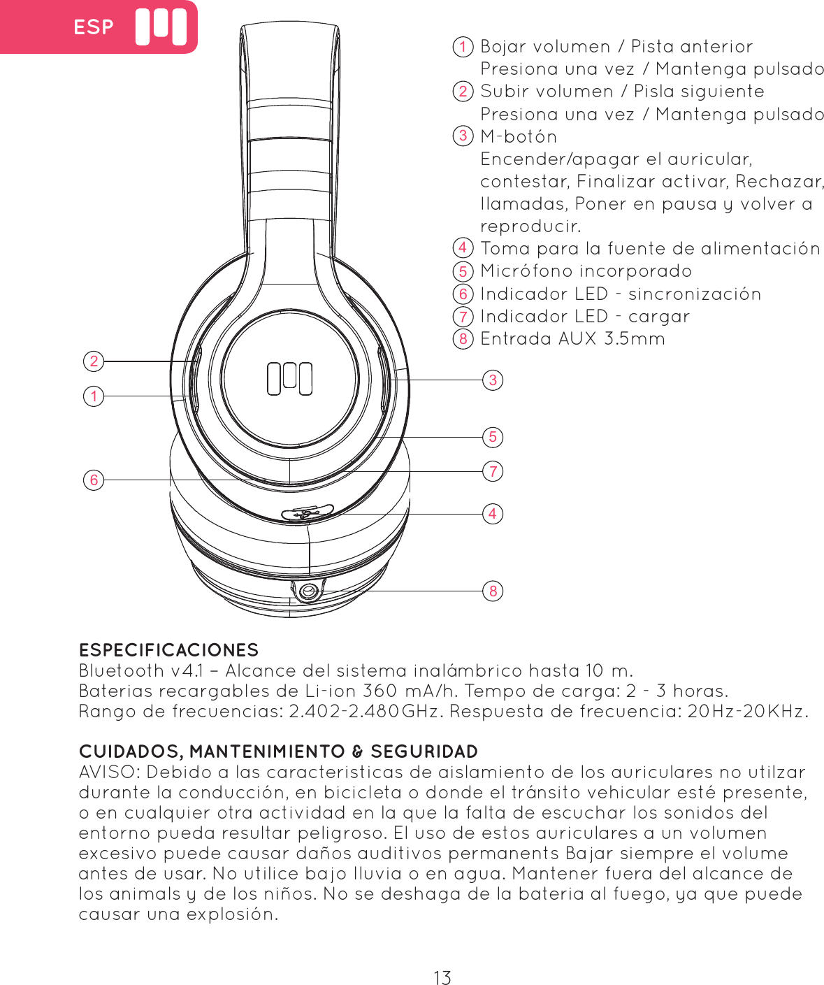16235748 ESP1623578413Bojar volumen / Pista anterior Presiona una vez / Mantenga pulsadoSubir volumen / Pisla siguientePresiona una vez / Mantenga pulsadoM-bot&oacute;n Encender/apagar el auricular, contestar, Finalizar activar, Rechazar, Ilamadas, Poner en pausa y volver a reproducir. Toma para la fuente de alimentaci&oacute;nMicr&oacute;fono incorporadoIndicador LED - sincronizaci&oacute;nIndicador LED - cargarEntrada AUX 3.5mm ESPECIFICACIONES Bluetooth v4.1 &ndash; Alcance del sistema inal&aacute;mbrico hasta 10 m.Baterias recargables de Li-ion 360 mA/h. Tempo de carga: 2 - 3 horas.Rango de frecuencias: 2.402-2.480GHz. Respuesta de frecuencia: 20Hz-20KHz.CUIDADOS, MANTENIMIENTO &amp; SEGURIDADAVISO: Debido a las caracteristicas de aislamiento de los auriculares no utilzar durante la conducci&oacute;n, en bicicleta o donde el tr&aacute;nsito vehicular est&eacute; presente, o en cualquier otra actividad en la que la falta de escuchar los sonidos del entorno pueda resultar peligroso. El uso de estos auriculares a un volumen excesivo puede causar da&ntilde;os auditivos permanents Bajar siempre el volume antes de usar. No utilice bajo Iluvia o en agua. Mantener fuera del alcance de los animals y de los ni&ntilde;os. No se deshaga de la bateria al fuego, ya que puede causar una explosi&oacute;n. 
