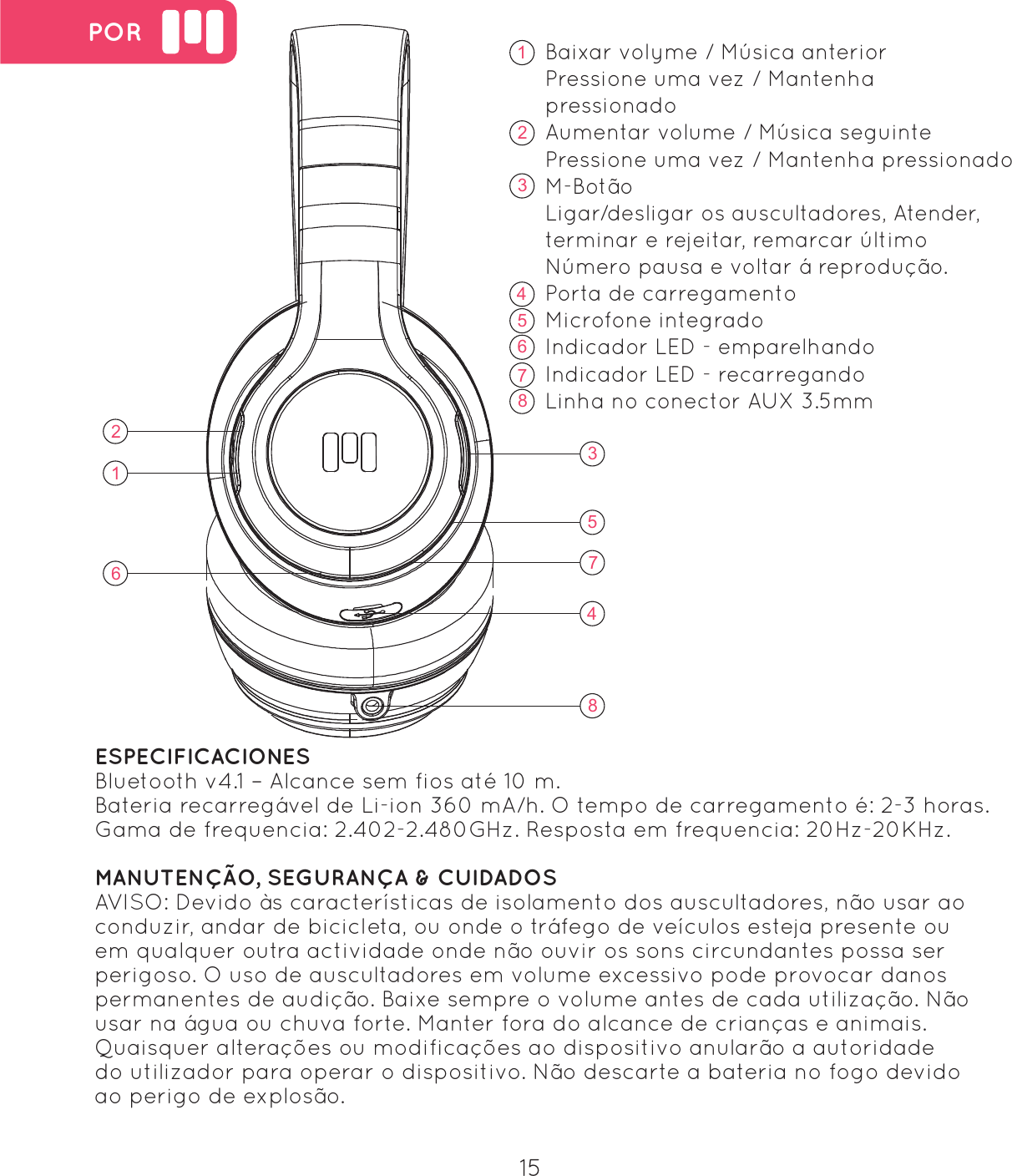 16235748 POR1623578415Baixar volyme / M&uacute;sica anterior Pressione uma vez / Mantenha pressionadoAumentar volume / M&uacute;sica seguintePressione uma vez / Mantenha pressionadoM-Bot&atilde;oLigar/desligar os auscultadores, Atender, terminar e rejeitar, remarcar &uacute;ltimo N&uacute;mero pausa e voltar &aacute; reprodu&ccedil;&atilde;o.Porta de carregamentoMicrofone integradoIndicador LED - emparelhandoIndicador LED - recarregandoLinha no conector AUX 3.5mmESPECIFICACIONESBluetooth v4.1 &ndash; Alcance sem fios at&eacute; 10 m.Bateria recarreg&aacute;vel de Li-ion 360 mA/h. O tempo de carregamento &eacute;: 2-3 horas.Gama de frequencia: 2.402-2.480GHz. Resposta em frequencia: 20Hz-20KHz.MANUTEN&Ccedil;&Atilde;O, SEGURAN&Ccedil;A &amp; CUIDADOS AVISO: Devido &agrave;s caracter&iacute;sticas de isolamento dos auscultadores, n&atilde;o usar ao conduzir, andar de bicicleta, ou onde o tr&aacute;fego de ve&iacute;culos esteja presente ou em qualquer outra actividade onde n&atilde;o ouvir os sons circundantes possa ser perigoso. O uso de auscultadores em volume excessivo pode provocar danos permanentes de audi&ccedil;&atilde;o. Baixe sempre o volume antes de cada utiliza&ccedil;&atilde;o. N&atilde;o usar na &aacute;gua ou chuva forte. Manter fora do alcance de crian&ccedil;as e animais. Quaisquer altera&ccedil;&otilde;es ou modifica&ccedil;&otilde;es ao dispositivo anular&atilde;o a autoridade do utilizador para operar o dispositivo. N&atilde;o descarte a bateria no fogo devido ao perigo de explos&atilde;o. 