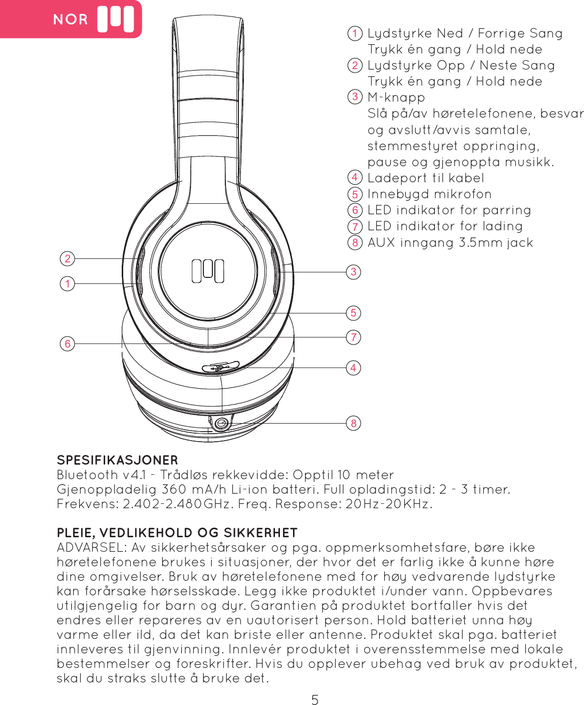 16235748 NOR162357845Lydstyrke Ned / Forrige SangTrykk &eacute;n gang / Hold nedeLydstyrke Opp / Neste SangTrykk &eacute;n gang / Hold nede M-knappSl&aring; p&aring;/av h&oslash;retelefonene, besvar og avslutt/avvis samtale, stemmestyret oppringing, pause og gjenoppta musikk.Ladeport til kabelInnebygd mikrofonLED indikator for parring LED indikator for ladingAUX inngang 3.5mm jackSPESIFIKASJONERBluetooth v4.1 - Tr&aring;dl&oslash;s rekkevidde: Opptil 10 meterGjenoppladelig 360 mA/h Li-ion batteri. Full opladingstid: 2 - 3 timer.Frekvens: 2.402-2.480GHz. Freq. Response: 20Hz-20KHz.PLEIE, VEDLIKEHOLD OG SIKKERHETADVARSEL: Av sikkerhets&aring;rsaker og pga. oppmerksomhetsfare, b&oslash;re ikke h&oslash;retelefonene brukes i situasjoner, der hvor det er farlig ikke &aring; kunne h&oslash;re dine omgivelser. Bruk av h&oslash;retelefonene med for h&oslash;y vedvarende lydstyrke kan for&aring;rsake h&oslash;rselsskade. Legg ikke produktet i/under vann. Oppbevares utilgjengelig for barn og dyr. Garantien p&aring; produktet bortfaller hvis det endres eller repareres av en uautorisert person. Hold batteriet unna h&oslash;y varme eller ild, da det kan briste eller antenne. Produktet skal pga. batteriet innleveres til gjenvinning. Innlev&eacute;r produktet i overensstemmelse med lokale bestemmelser og foreskrifter. Hvis du opplever ubehag ved bruk av produktet, skal du straks slutte &aring; bruke det.
