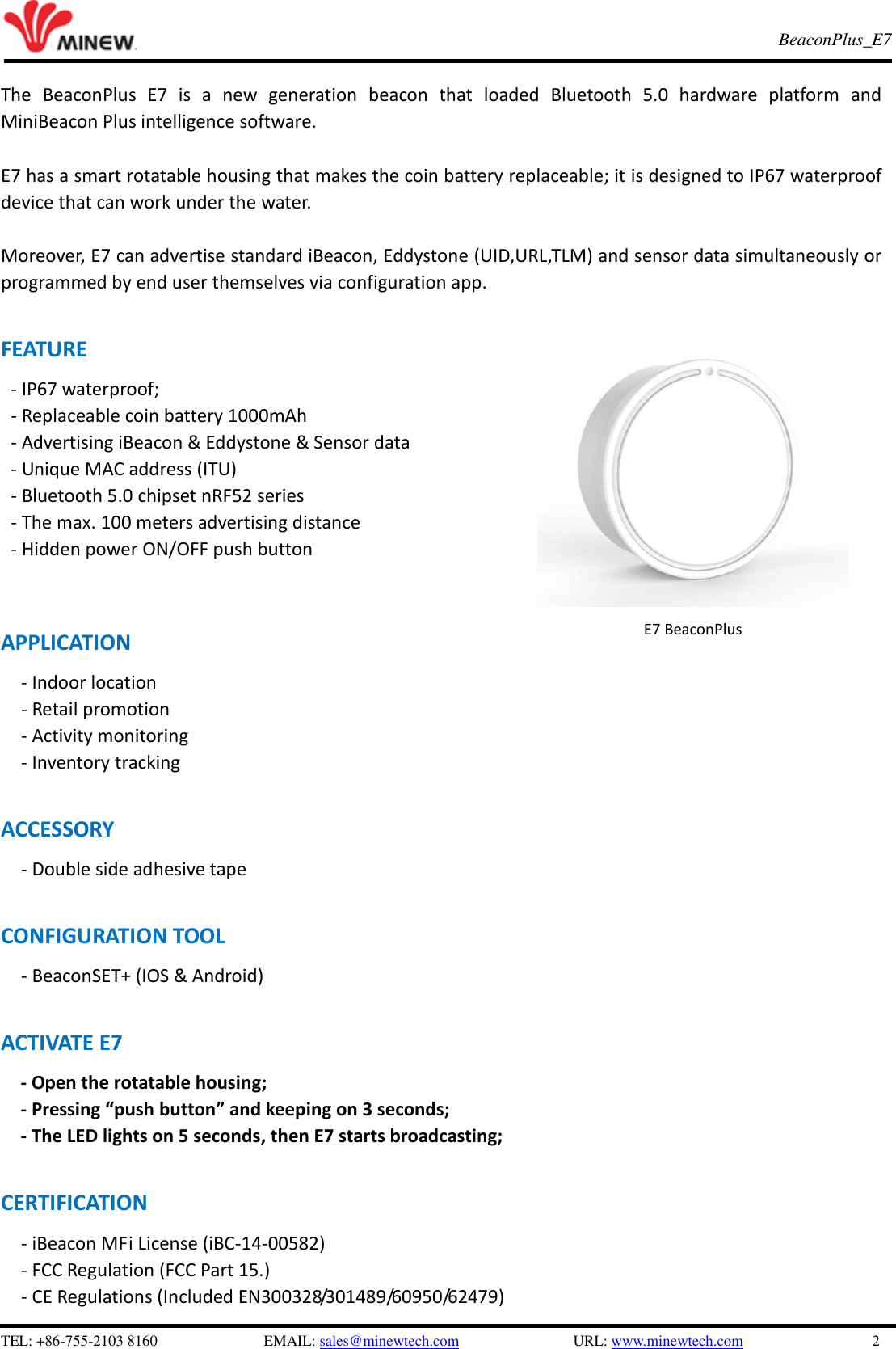 Page 2 of MINEW TECHNOLOGIES E7 Digital Broadcasting Device - iBeacon/Eddystone User Manual