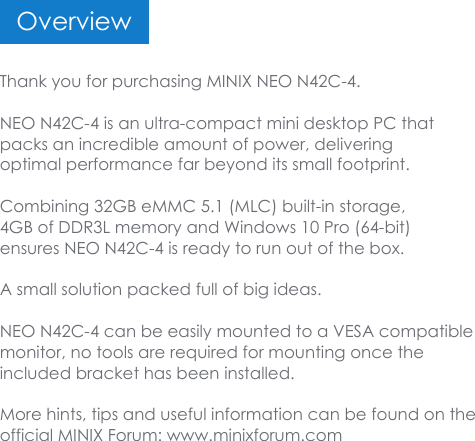 Page 4 of MINIX TECHNOLOGY NEON42C-4 Intel mini PC User Manual MINIX NEO N42C 4   User Guide