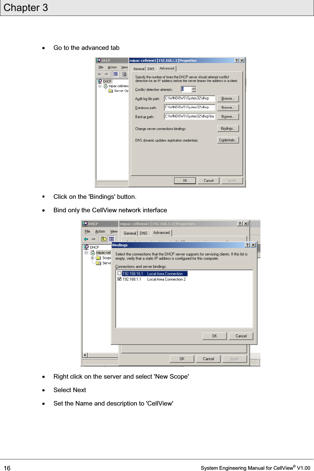 Chapter 3  16  System Engineering Manual for CellView© V1.00  x  Go to the advanced tab    Click on the &apos;Bindings&apos; button. x  Bind only the CellView network interface  x  Right click on the server and select &apos;New Scope&apos; x Select Next x  Set the Name and description to &apos;CellView&apos; 