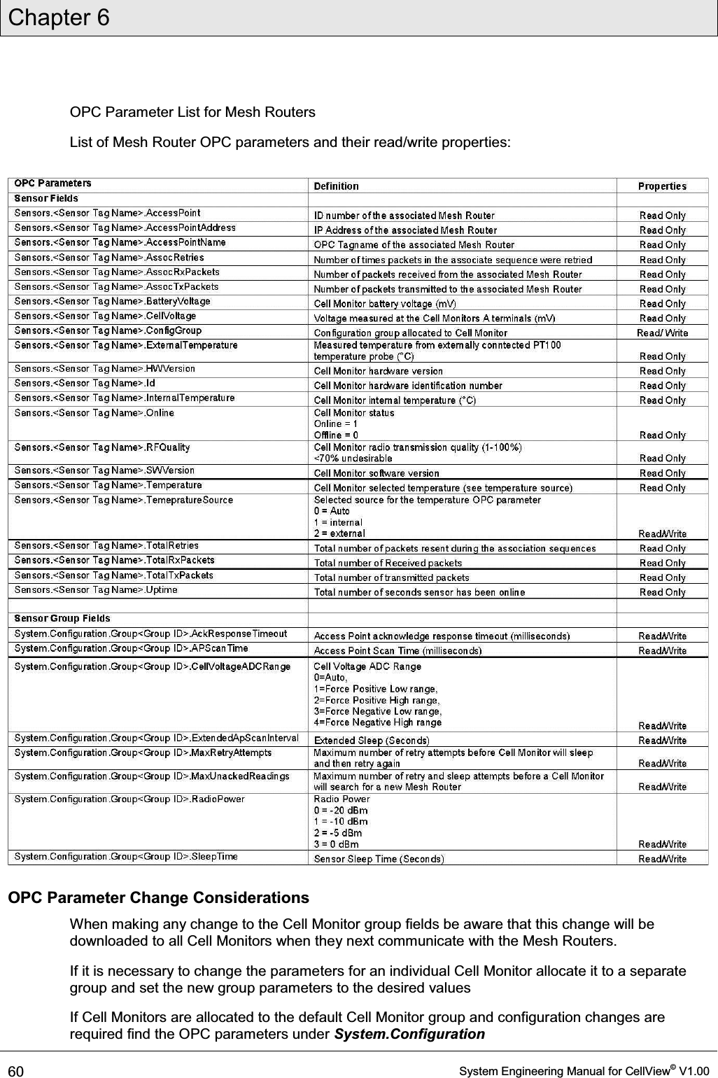 Chapter 6  60  System Engineering Manual for CellView© V1.00  OPC Parameter List for Mesh Routers List of Mesh Router OPC parameters and their read/write properties:  OPC Parameter Change Considerations When making any change to the Cell Monitor group fields be aware that this change will be downloaded to all Cell Monitors when they next communicate with the Mesh Routers.  If it is necessary to change the parameters for an individual Cell Monitor allocate it to a separate group and set the new group parameters to the desired values If Cell Monitors are allocated to the default Cell Monitor group and configuration changes are required find the OPC parameters under System.Configuration 