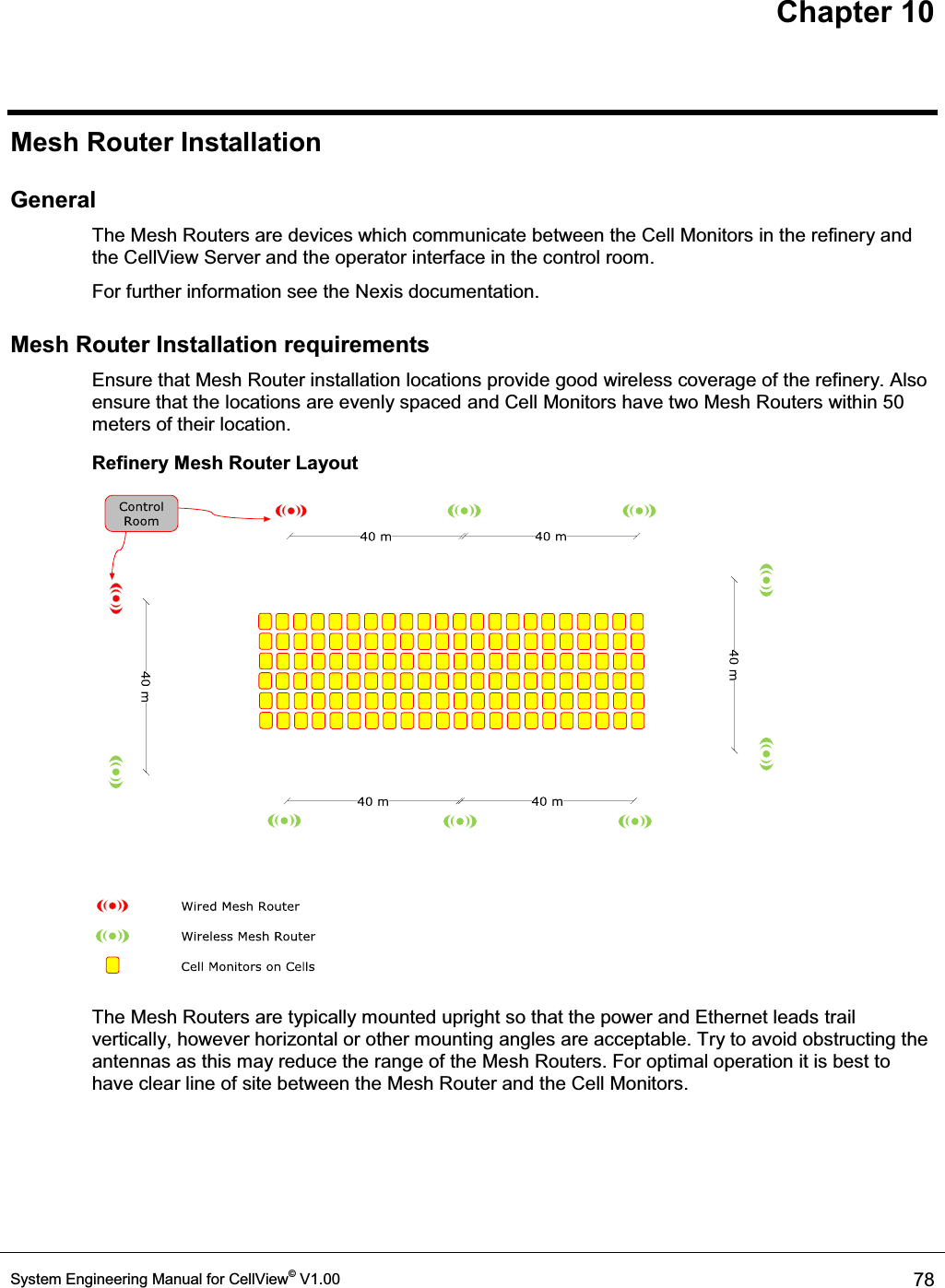 Chapter 10 System Engineering Manual for CellView© V1.00  78  Mesh Router Installation General  The Mesh Routers are devices which communicate between the Cell Monitors in the refinery and the CellView Server and the operator interface in the control room. For further information see the Nexis documentation. Mesh Router Installation requirements Ensure that Mesh Router installation locations provide good wireless coverage of the refinery. Also ensure that the locations are evenly spaced and Cell Monitors have two Mesh Routers within 50 meters of their location.  Refinery Mesh Router Layout  The Mesh Routers are typically mounted upright so that the power and Ethernet leads trail vertically, however horizontal or other mounting angles are acceptable. Try to avoid obstructing the antennas as this may reduce the range of the Mesh Routers. For optimal operation it is best to have clear line of site between the Mesh Router and the Cell Monitors.  