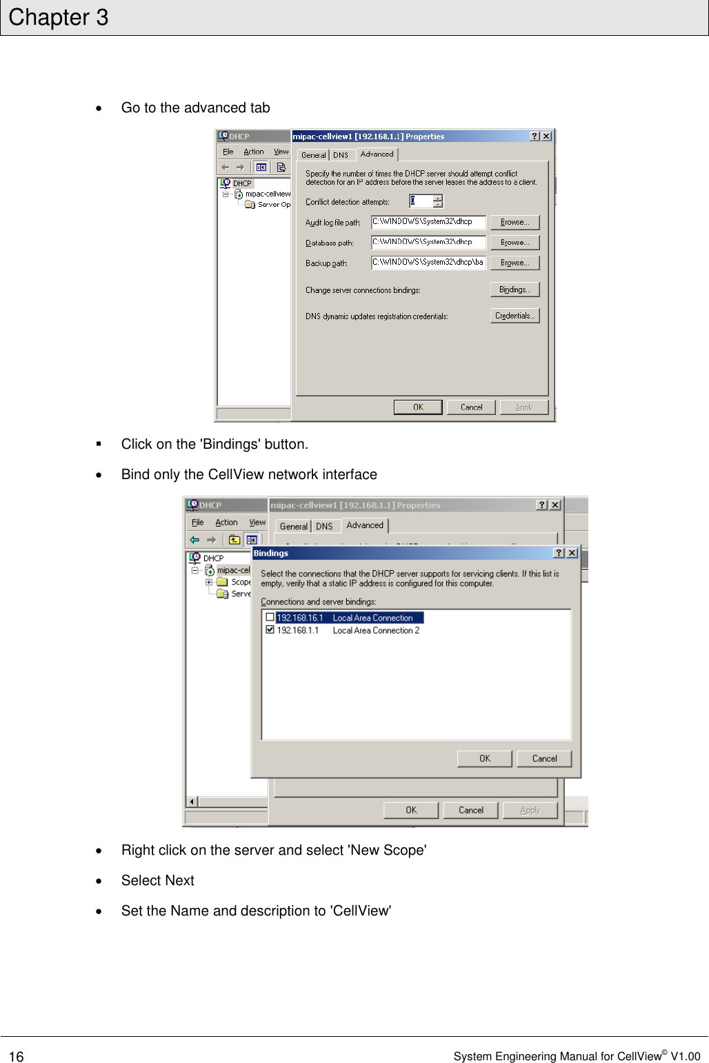 Chapter 3  16 System Engineering Manual for CellView© V1.00    Go to the advanced tab    Click on the &apos;Bindings&apos; button.   Bind only the CellView network interface    Right click on the server and select &apos;New Scope&apos;   Select Next   Set the Name and description to &apos;CellView&apos; 