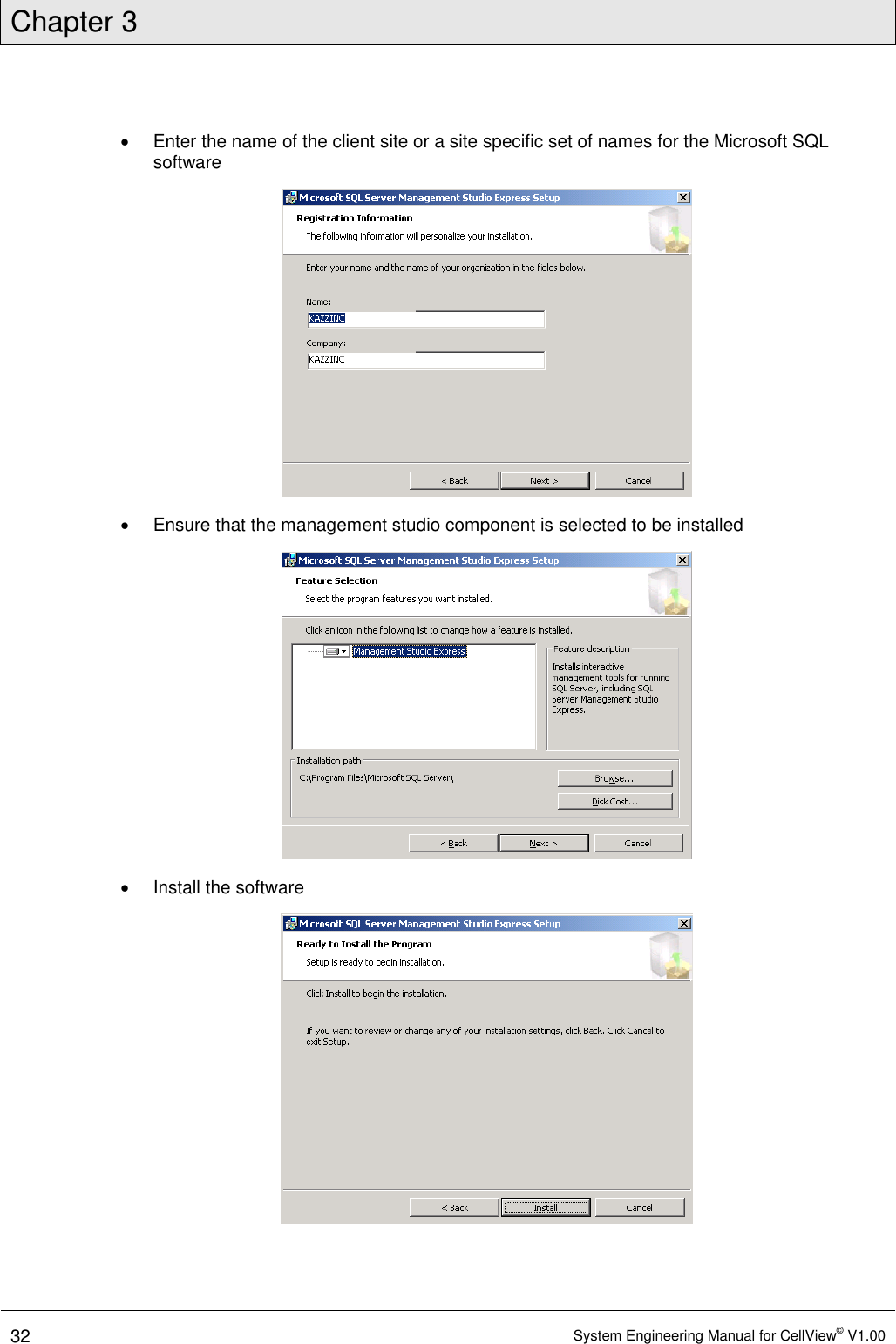 Chapter 3  32 System Engineering Manual for CellView© V1.00    Enter the name of the client site or a site specific set of names for the Microsoft SQL software    Ensure that the management studio component is selected to be installed    Install the software   