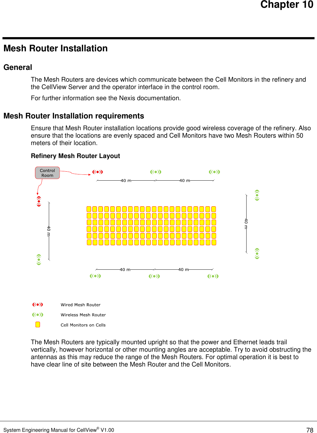 Chapter 10 System Engineering Manual for CellView© V1.00 78  Mesh Router Installation General  The Mesh Routers are devices which communicate between the Cell Monitors in the refinery and the CellView Server and the operator interface in the control room. For further information see the Nexis documentation. Mesh Router Installation requirements Ensure that Mesh Router installation locations provide good wireless coverage of the refinery. Also ensure that the locations are evenly spaced and Cell Monitors have two Mesh Routers within 50 meters of their location.  Refinery Mesh Router Layout  The Mesh Routers are typically mounted upright so that the power and Ethernet leads trail vertically, however horizontal or other mounting angles are acceptable. Try to avoid obstructing the antennas as this may reduce the range of the Mesh Routers. For optimal operation it is best to have clear line of site between the Mesh Router and the Cell Monitors.  