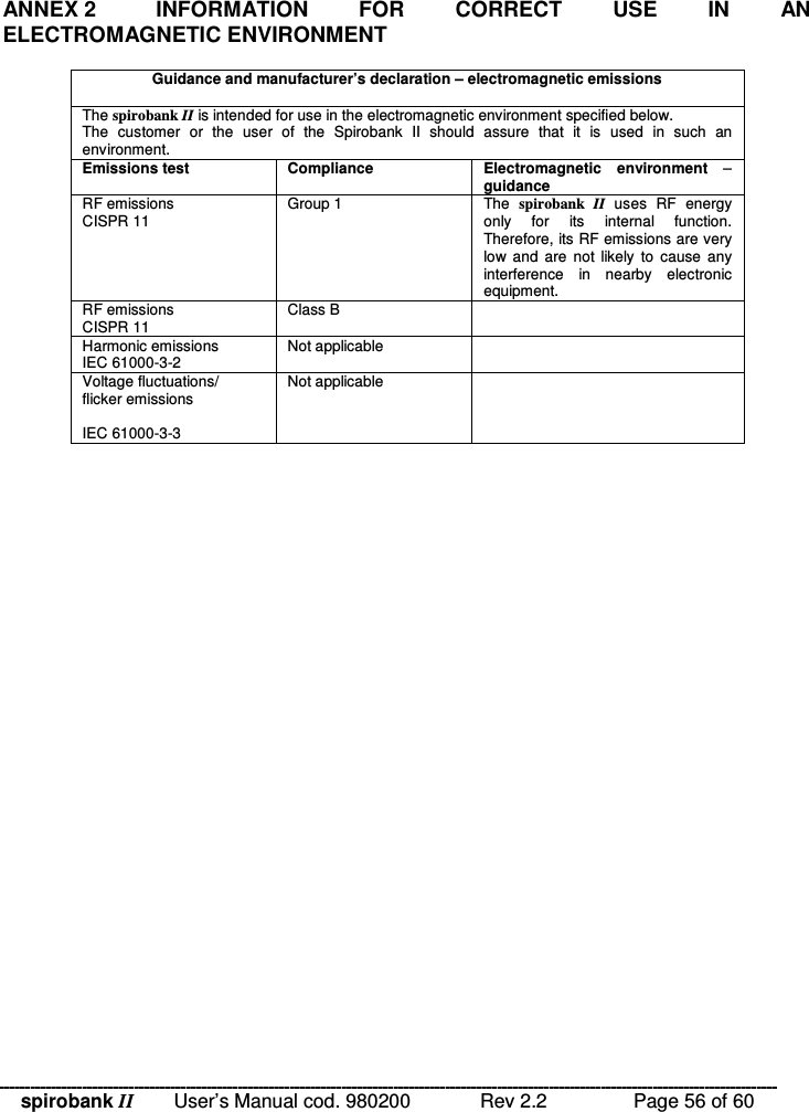 spirobank II   User’s Manual cod. 980200  Rev 2.2    Page 56 of 60  ANNEX 2  INFORMATION  FOR  CORRECT  USE  IN  AN ELECTROMAGNETIC ENVIRONMENT  Guidance and manufacturer’s declaration – electromagnetic emissions  The spirobank II is intended for use in the electromagnetic environment specified below.  The  customer  or  the  user  of  the  Spirobank  II  should  assure  that  it  is  used  in  such  an environment. Emissions test  Compliance  Electromagnetic  environment  – guidance RF emissions CISPR 11  Group 1  The  spirobank  II  uses  RF  energy only  for  its  internal  function. Therefore, its RF emissions are very low and  are  not  likely  to  cause  any interference  in  nearby  electronic equipment. RF emissions CISPR 11  Class B   Harmonic emissions IEC 61000-3-2  Not applicable   Voltage fluctuations/ flicker emissions  IEC 61000-3-3 Not applicable    