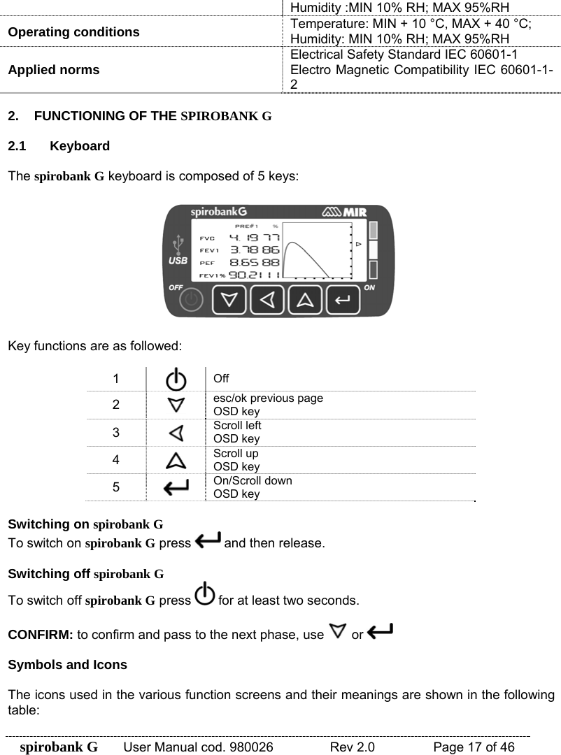 spirobank G  User Manual cod. 980026   Rev 2.0    Page 17 of 46 Humidity :MIN 10% RH; MAX 95%RH Operating conditions  Temperature: MIN + 10 °C, MAX + 40 °C;  Humidity: MIN 10% RH; MAX 95%RH Applied norms  Electrical Safety Standard IEC 60601-1 Electro Magnetic Compatibility IEC 60601-1-2  2.  FUNCTIONING OF THE SPIROBANK G  2.1 Keyboard  The spirobank G keyboard is composed of 5 keys:    Key functions are as followed:  1  Off 2   esc/ok previous page OSD key 3   Scroll left OSD key 4   Scroll up OSD key 5   On/Scroll down OSD key  Switching on spirobank G To switch on spirobank G press   and then release.  Switching off spirobank G To switch off spirobank G press   for at least two seconds.  CONFIRM: to confirm and pass to the next phase, use   or    Symbols and Icons  The icons used in the various function screens and their meanings are shown in the following table: 