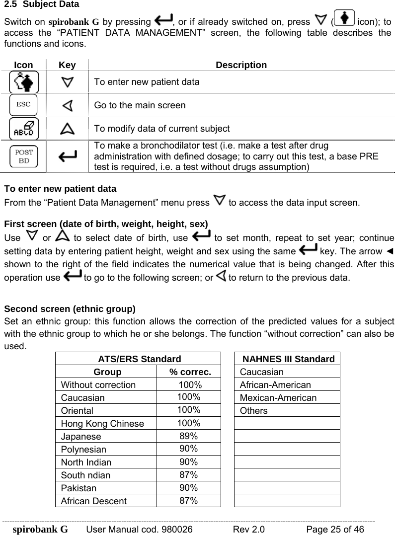 spirobank G  User Manual cod. 980026   Rev 2.0    Page 25 of 46 2.5 Subject Data Switch on spirobank G by pressing  , or if already switched on, press   (  icon); to access the “PATIENT DATA MANAGEMENT” screen, the following table describes the functions and icons.  Icon Key Description   To enter new patient data   Go to the main screen   To modify data of current subject    To make a bronchodilator test (i.e. make a test after drug administration with defined dosage; to carry out this test, a base PRE test is required, i.e. a test without drugs assumption)  To enter new patient data From the “Patient Data Management” menu press   to access the data input screen.  First screen (date of birth, weight, height, sex) Use   or   to select date of birth, use   to set month, repeat to set year; continue setting data by entering patient height, weight and sex using the same   key. The arrow ◄ shown to the right of the field indicates the numerical value that is being changed. After this operation use   to go to the following screen; or   to return to the previous data.   Second screen (ethnic group) Set an ethnic group: this function allows the correction of the predicted values for a subject with the ethnic group to which he or she belongs. The function “without correction” can also be used. ATS/ERS Standard  NAHNES III StandardGroup % correc. Caucasian Without correction  100%    African-American Caucasian  100%   Mexican-American Oriental  100%   Others Hong Kong Chinese  100%    Japanese  89%    Polynesian  90%    North Indian  90%    South ndian  87%    Pakistan  90%    African Descent  87%    