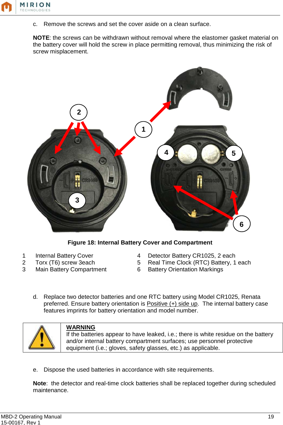  MBD-2 Operating Manual    19 15-00167, Rev 1 c. Remove the screws and set the cover aside on a clean surface.  NOTE: the screws can be withdrawn without removal where the elastomer gasket material on the battery cover will hold the screw in place permitting removal, thus minimizing the risk of screw misplacement.   Figure 18: Internal Battery Cover and Compartment 1 Internal Battery Cover   4 Detector Battery CR1025, 2 each 2 Torx (T6) screw 3each  5 Real Time Clock (RTC) Battery, 1 each 3 Main Battery Compartment  6 Battery Orientation Markings   d. Replace two detector batteries and one RTC battery using Model CR1025, Renata preferred. Ensure battery orientation is Positive (+) side up.  The internal battery case features imprints for battery orientation and model number.    e. Dispose the used batteries in accordance with site requirements.  Note:  the detector and real-time clock batteries shall be replaced together during scheduled maintenance.    WARNING If the batteries appear to have leaked, i.e.; there is white residue on the battery and/or internal battery compartment surfaces; use personnel protective equipment (i.e.; gloves, safety glasses, etc.) as applicable.  1 2 4 5 3 6 