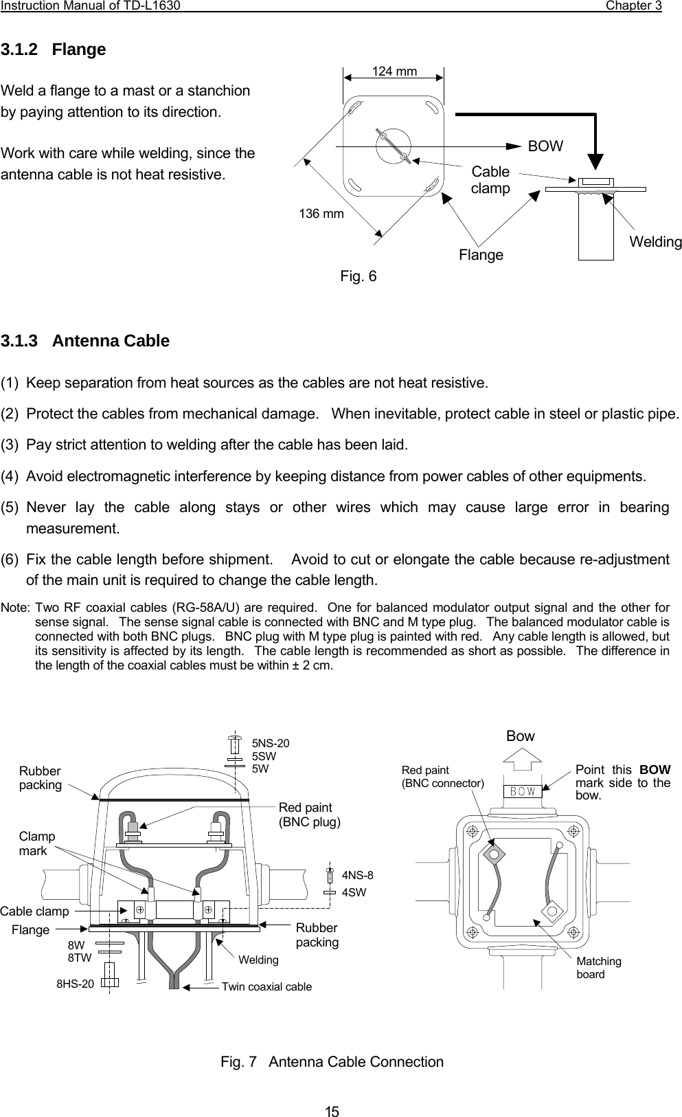 Instruction Manual of TD-L1630                                                                  Chapter 3  153.1.2  Flange  Weld a flange to a mast or a stanchion by paying attention to its direction.       Work with care while welding, since the   antenna cable is not heat resistive.        3.1.3  Antenna Cable  (1)  Keep separation from heat sources as the cables are not heat resistive. (2)  Protect the cables from mechanical damage.  When inevitable, protect cable in steel or plastic pipe. (3)  Pay strict attention to welding after the cable has been laid. (4)  Avoid electromagnetic interference by keeping distance from power cables of other equipments. (5) Never lay the cable along stays or other wires which may cause large error in bearing measurement. (6)  Fix the cable length before shipment.   Avoid to cut or elongate the cable because re-adjustment of the main unit is required to change the cable length. Note: Two RF coaxial cables (RG-58A/U) are required.  One for balanced modulator output signal and the other for sense signal.  The sense signal cable is connected with BNC and M type plug.   The balanced modulator cable is connected with both BNC plugs.    BNC plug with M type plug is painted with red.    Any cable length is allowed, but its sensitivity is affected by its length.  The cable length is recommended as short as possible.  The difference in the length of the coaxial cables must be within ± 2 cm.                    Fig. 7    Antenna Cable ConnectionRubber packing 5NS-205SW 5W Red paint(BNC plug)Clamp mark Cable clamp Flange  Rubber packing 4NS-84SW8W 8TW  8HS-20 Welding Twin coaxial cableRed paint (BNC connector)Matching board Point this BOWmark side to thebow. Bow 124 mm 136 mm Flange  WeldingBOW Fig. 6Cable clamp 