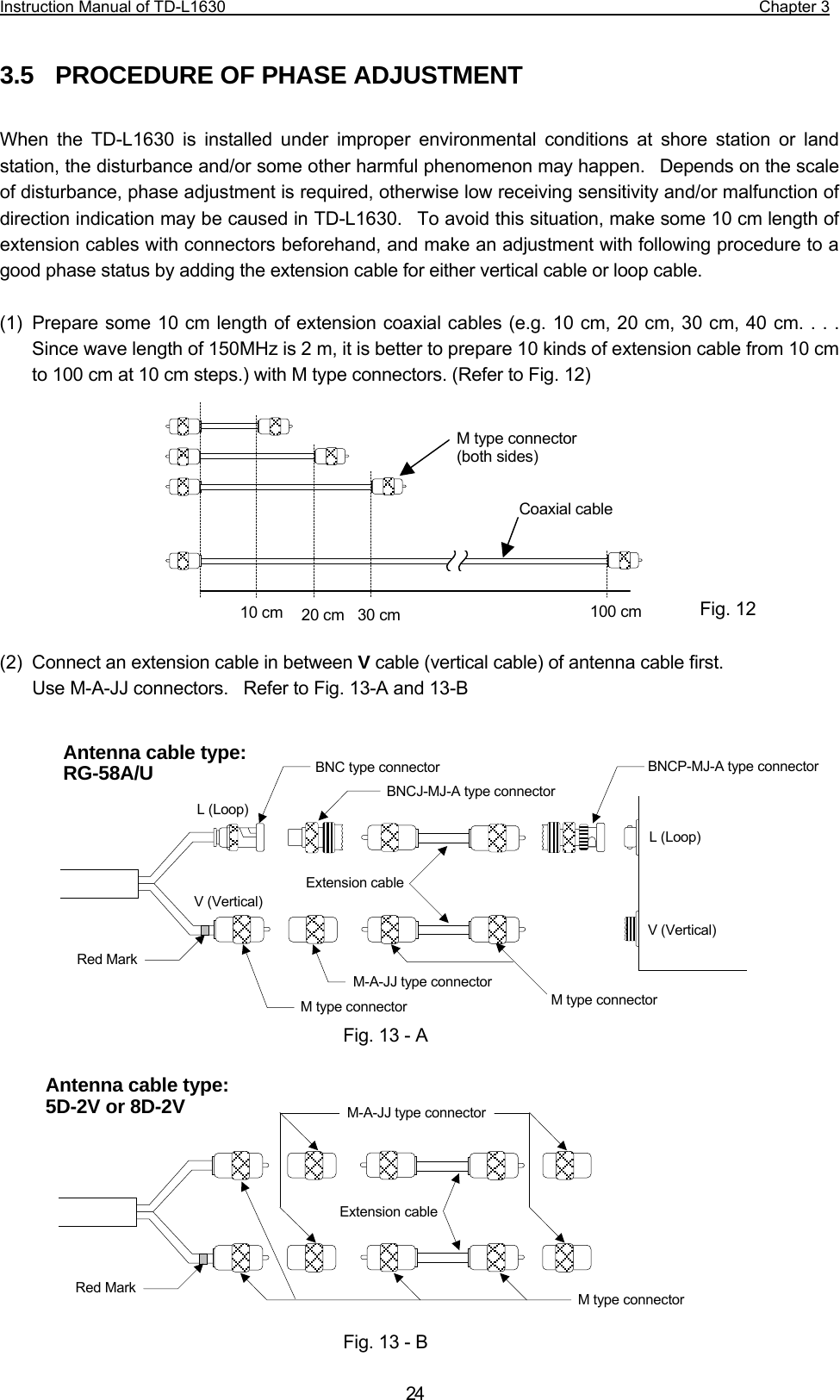 Instruction Manual of TD-L1630                                                                  Chapter 3  243.5   PROCEDURE OF PHASE ADJUSTMENT  When the TD-L1630 is installed under improper environmental conditions at shore station or land station, the disturbance and/or some other harmful phenomenon may happen.   Depends on the scale of disturbance, phase adjustment is required, otherwise low receiving sensitivity and/or malfunction of direction indication may be caused in TD-L1630.  To avoid this situation, make some 10 cm length of extension cables with connectors beforehand, and make an adjustment with following procedure to a good phase status by adding the extension cable for either vertical cable or loop cable.  (1)  Prepare some 10 cm length of extension coaxial cables (e.g. 10 cm, 20 cm, 30 cm, 40 cm. . . .    Since wave length of 150MHz is 2 m, it is better to prepare 10 kinds of extension cable from 10 cm to 100 cm at 10 cm steps.) with M type connectors. (Refer to Fig. 12)           (2)  Connect an extension cable in between V cable (vertical cable) of antenna cable first. Use M-A-JJ connectors.    Refer to Fig. 13-A and 13-B                          M type connector(both sides) Coaxial cable10 cm  20 cm 30 cm 100 cm  Fig. 12Antenna cable type: RG-58A/U  BNCJ-MJ-A type connector L (Loop) V (Vertical) Red Mark Extension cableBNC type connector BNCP-MJ-A type connector L (Loop) V (Vertical) M type connector Fig. 13 -AM type connector M-A-JJ type connector Antenna cable type: 5D-2V or 8D-2V Fig. 13 - BRed Mark M-A-JJ type connector Extension cableM type connector 