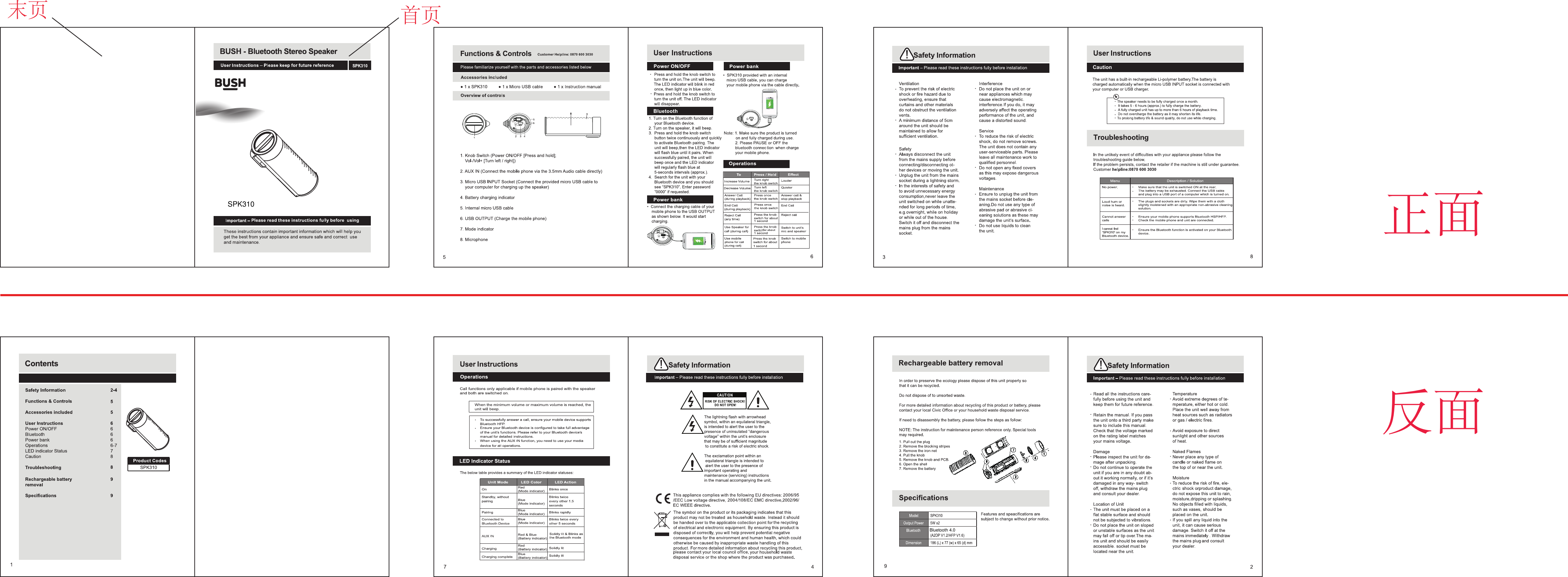 Caution正面反面首页末页SPK310Bluetooth 4.0