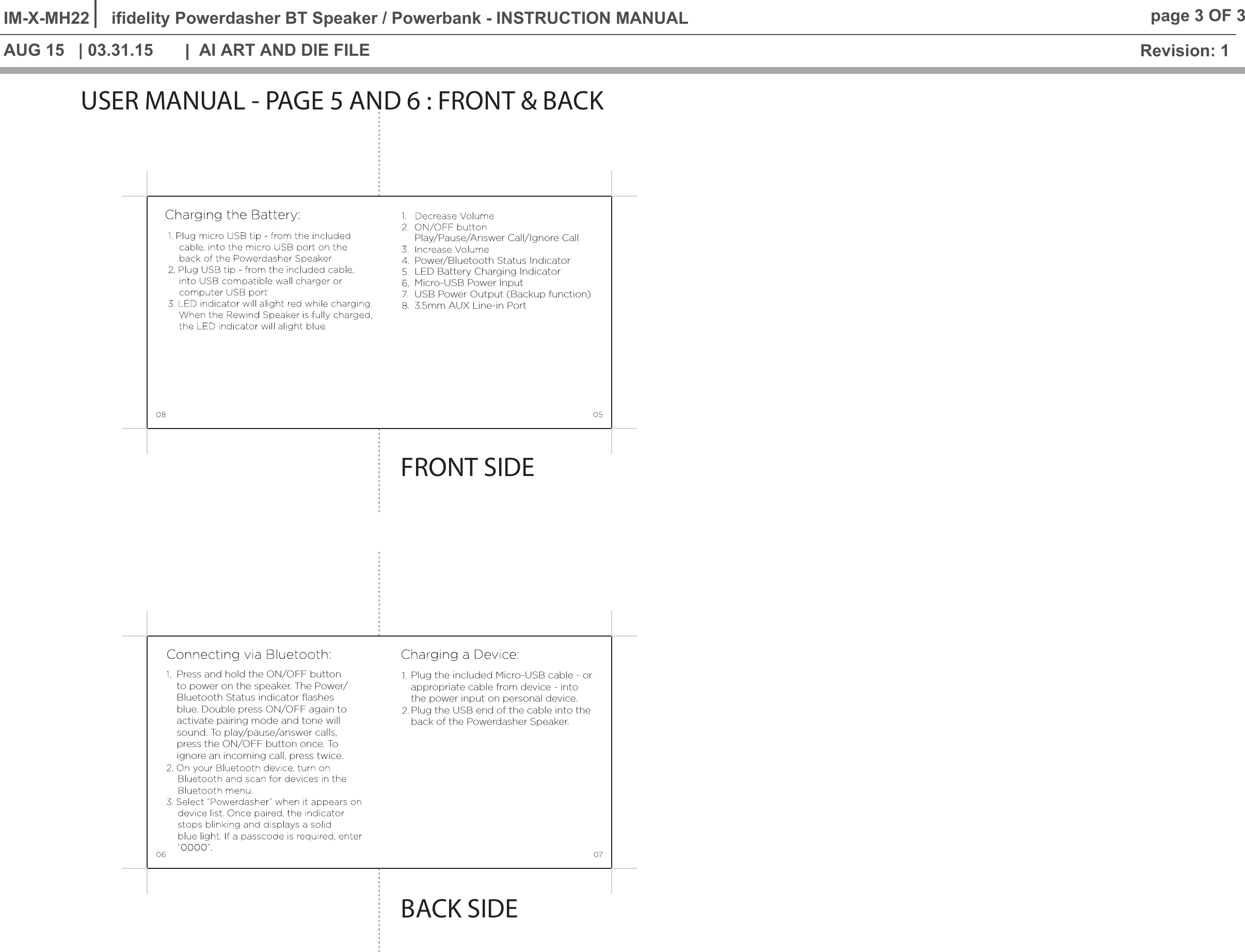 Revision: 1IM-X-MH22 ifidelity Powerdasher BT Speaker / Powerbank - INSTRUCTION MANUALAI ART AND DIE FILEAUG 15   | 03.31.15page 3 OF 3&copy; 2015 | 2016 LEEDSWORLDProprietary information contained in this drawing is the sole property of Leedsworld.  Any reproduction in part or as a whole without the written permission of Leedsworld is prohibited.USER MANUAL - PAGE 5 AND 6 : FRONT &amp; BACKBACK SIDEFRONT SIDEPower/Bluetooth Status IndicatorPlay/Pause/Answer Call/Ignore CallLED Battery Charging IndicatorMicro-USB Power InputUSB Power Output (Backup function)3.5mm AUX Line-in PortPress and hold the ON/OFF buttonto power on the speaker. The Power/Bluetooth Status indicator flashesblue. Double press ON/OFF again toactivate pairing mode and tone willsound. To play/pause/answer calls,press the ON/OFF button once. Toignore an incoming call, press twice.Plug the included Micro-USB cable - orappropriate cable from device - intothe power input on personal device.Plug the USB end of the cable into theback of the Powerdasher Speaker.