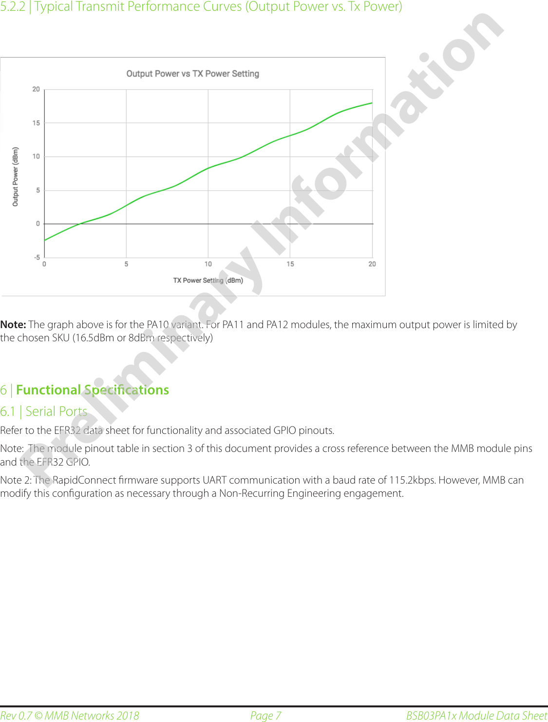 Page 7Rev 0.7 © MMB Networks 2018 BSB03PA1x Module Data Sheet5.2.2 | Typical Transmit Performance Curves (Output Power vs. Tx Power)Note: The graph above is for the PA10 variant. For PA11 and PA12 modules, the maximum output power is limited by the chosen SKU (16.5dBm or 8dBm respectively)6 | Functional Specications6.1 | Serial PortsRefer to the EFR32 data sheet for functionality and associated GPIO pinouts.  Note:  The module pinout table in section 3 of this document provides a cross reference between the MMB module pins and the EFR32 GPIO.Note 2: The RapidConnect ﬁrmware supports UART communication with a baud rate of 115.2kbps. However, MMB can modify this conﬁguration as necessary through a Non-Recurring Engineering engagement.Preliminary Information