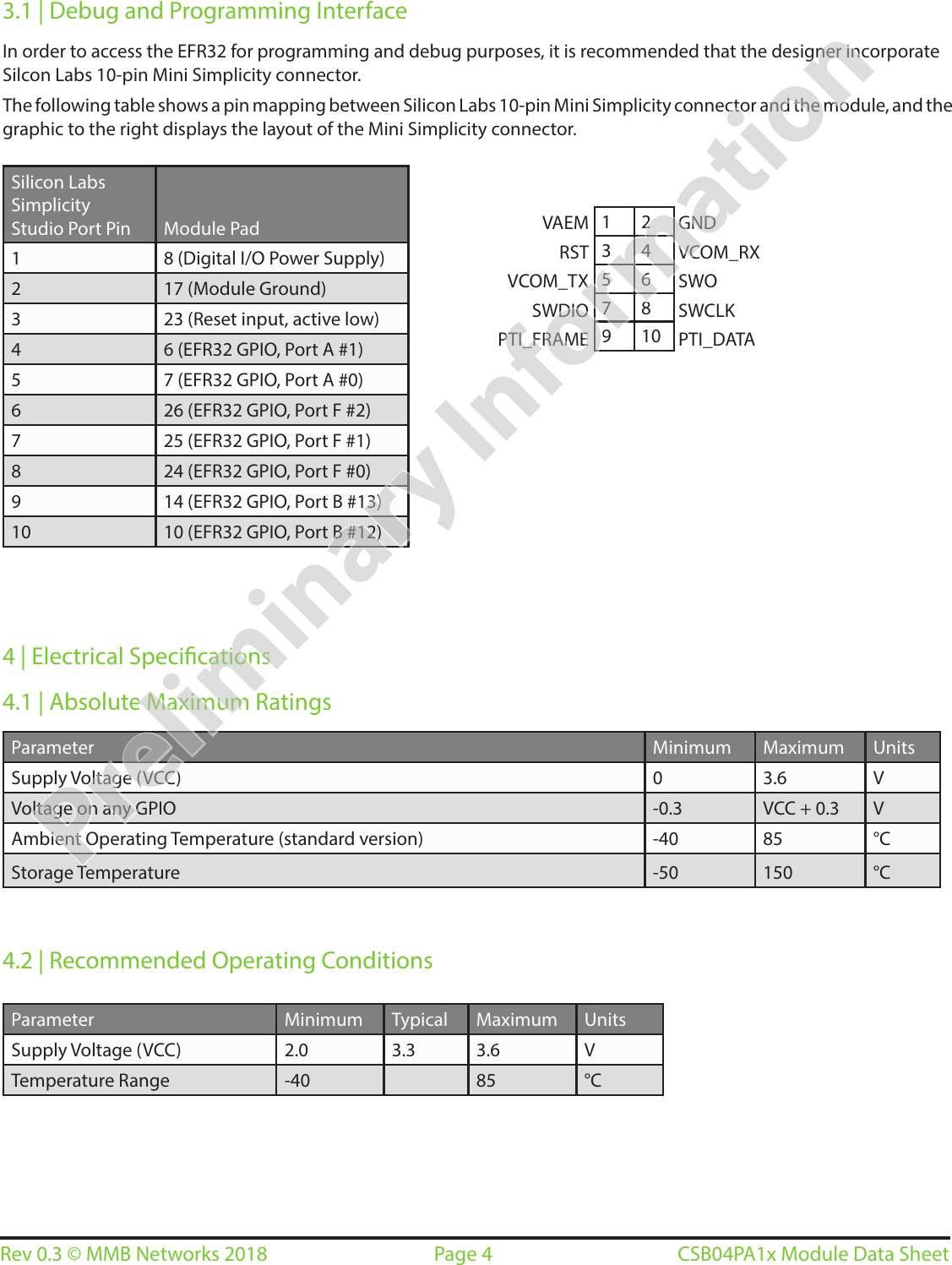 Page 4Rev 0.3 © MMB Networks 2018 CSB04PA1x Module Data Sheet3.1 | Debug and Programming InterfaceIn order to access the EFR32 for programming and debug purposes, it is recommended that the designer incorporate Silcon Labs 10-pin Mini Simplicity connector.  The following table shows a pin mapping between Silicon Labs 10-pin Mini Simplicity connector and the module, and the graphic to the right displays the layout of the Mini Simplicity connector.4 | Electrical Specications4.1 | Absolute Maximum RatingsParameter Minimum Maximum UnitsSupply Voltage (VCC) 0 3.6 VVoltage on any GPIO  -0.3 VCC + 0.3 VAmbient Operating Temperature (standard version) -40 85 °CStorage Temperature -50 150 °C4.2 | Recommended Operating ConditionsSilicon Labs Simplicity Studio Port Pin Module Pad1 8 (Digital I/O Power Supply)2 17 (Module Ground)3 23 (Reset input, active low)4 6 (EFR32 GPIO, Port A #1)5 7 (EFR32 GPIO, Port A #0)6 26 (EFR32 GPIO, Port F #2)7 25 (EFR32 GPIO, Port F #1)8 24 (EFR32 GPIO, Port F #0)9 14 (EFR32 GPIO, Port B #13)10 10 (EFR32 GPIO, Port B #12)Parameter Minimum Typical Maximum UnitsSupply Voltage (VCC) 2.0 3.3 3.6 VTemperature Range -40 85 °C1 23 45 67 89 10VAEMRSTVCOM_TXSWDIOPTI_FRAMEGNDVCOM_RXSWOSWCLKPTI_DATAPreliminary Information