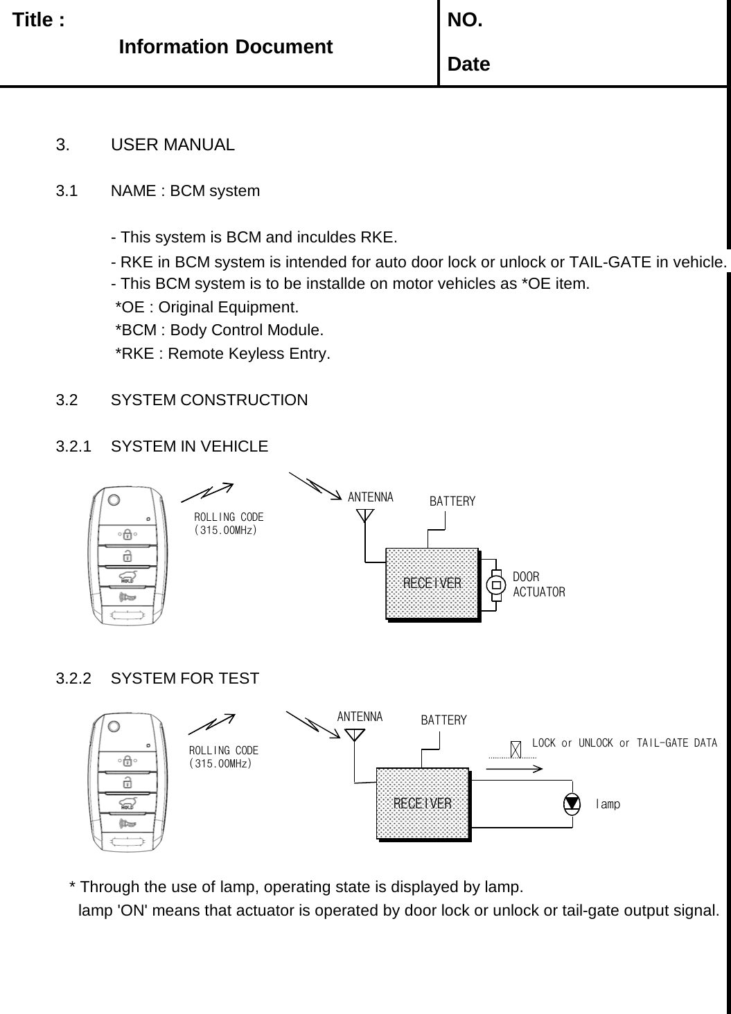   Title :  NO. Date3. USER MANUAL3.1 NAME : BCM system- This system is BCM and inculdes RKE.  - RKE in BCM system is intended for auto door lock or unlock or TAIL-GATE in vehicle. - This BCM system is to be installde on motor vehicles as *OE item. *OE : Original Equipment. *BCM : Body Control Module. *RKE : Remote Keyless Entry.3.2 SYSTEM CONSTRUCTION3.2.1 SYSTEM IN VEHICLE3.2.2 SYSTEM FOR TEST    * Through the use of lamp, operating state is displayed by lamp.     lamp &apos;ON&apos; means that actuator is operated by door lock or unlock or tail-gate output signal. Information DocumentInformation DocumentInformation DocumentInformation DocumentANTENNAROLLING CODE(315.00MHz)ANTENNARECEIVERBATTERYlampROLLING CODE(315.00MHz)LOCK or UNLOCK or TAIL-GATE DATABATTERYDOOR ACTUATORRECEIVER