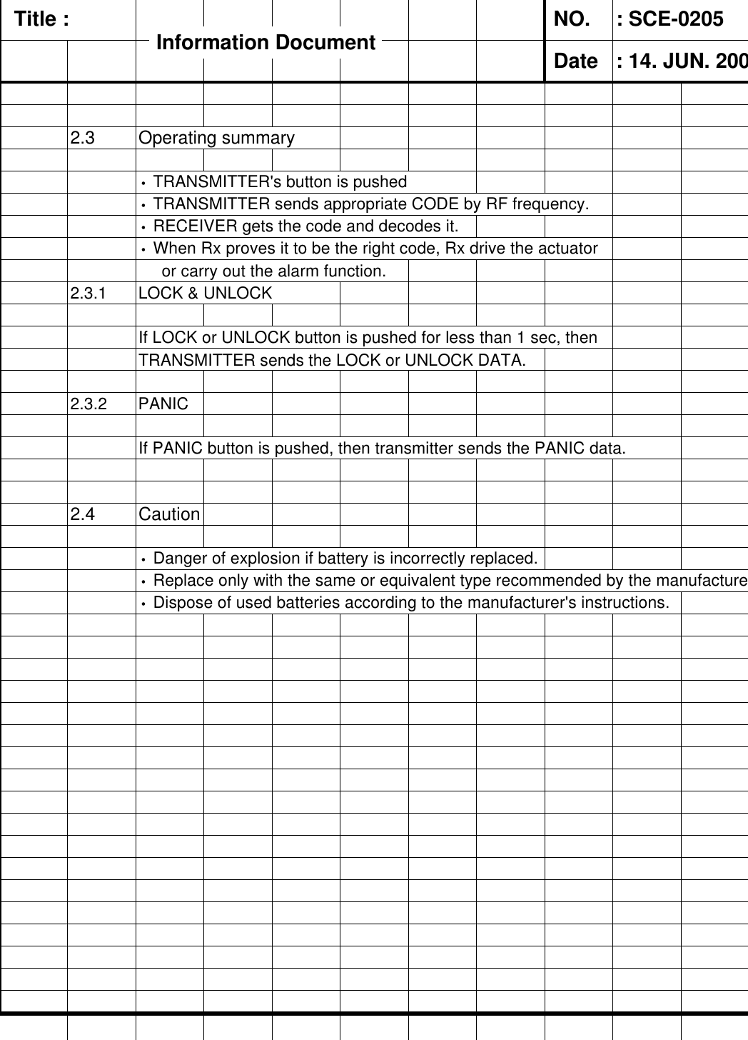   Title :  NO. : SCE-0205 Date : 14. JUN. 2002.3 Operating summary• TRANSMITTER&apos;s button is pushed  • TRANSMITTER sends appropriate CODE by RF frequency.• RECEIVER gets the code and decodes it.• When Rx proves it to be the right code, Rx drive the actuator      or carry out the alarm function.2.3.1 LOCK &amp; UNLOCKIf LOCK or UNLOCK button is pushed for less than 1 sec, then  TRANSMITTER sends the LOCK or UNLOCK DATA.2.3.2 PANICIf PANIC button is pushed, then transmitter sends the PANIC data.2.4 Caution• Danger of explosion if battery is incorrectly replaced.       • Replace only with the same or equivalent type recommended by the manufacture• Dispose of used batteries according to the manufacturer&apos;s instructions.Information DocumentInformation Document