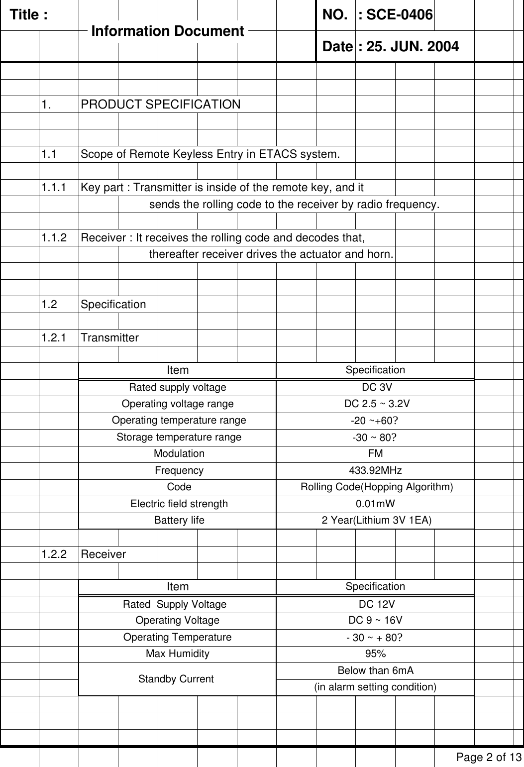   Title :  NO. : SCE-0406 Date : 25. JUN. 20041. PRODUCT SPECIFICATION1.1 Scope of Remote Keyless Entry in ETACS system.1.1.1 Key part : Transmitter is inside of the remote key, and it          sends the rolling code to the receiver by radio frequency. 1.1.2 Receiver : It receives the rolling code and decodes that,         thereafter receiver drives the actuator and horn.1.2 Specification1.2.1 Transmitter1.2.2 ReceiverPage 2 of 13 Storage temperature range  -30 ~ 80? Modulation FMItem SpecificationRated supply voltage  DC 3VOperating voltage range  DC 2.5 ~ 3.2V Operating temperature range  -20 ~+60? Electric field strength 0.01mW Frequency 433.92MHz Code  Rolling Code(Hopping Algorithm) - 30 ~ + 80?Max Humidity 95% Battery life  2 Year(Lithium 3V 1EA)Below than 6mA(in alarm setting condition) Standby Current  SpecificationItem DC 9 ~ 16V  Operating Voltage  DC 12V Rated  Supply Voltage    Operating Temperature Information DocumentInformation Document