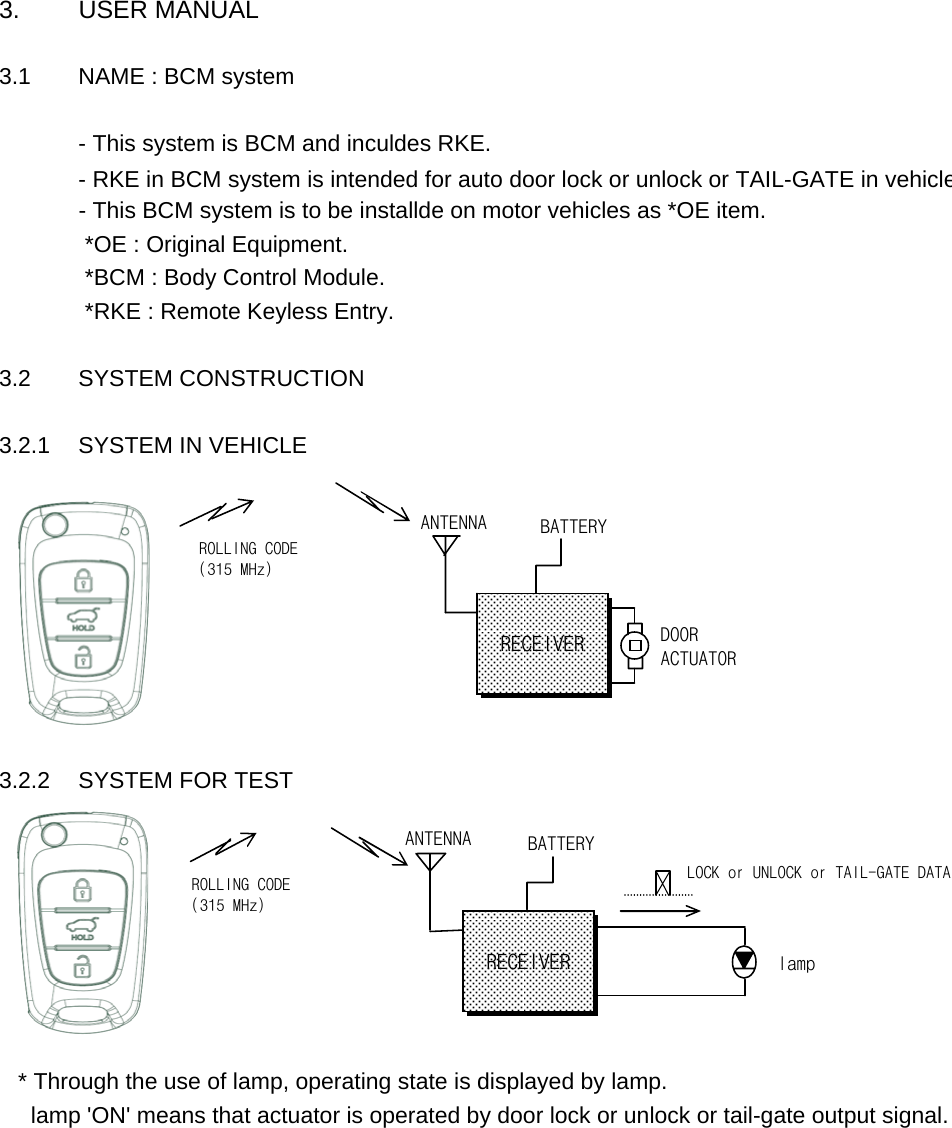 3. USER MANUAL3.1 NAME : BCM system- This system is BCM and inculdes RKE.  - RKE in BCM system is intended for auto door lock or unlock or TAIL-GATE in vehicle- This BCM system is to be installde on motor vehicles as *OE item. *OE : Original Equipment. *BCM : Body Control Module. *RKE : Remote Keyless Entry.3.2 SYSTEM CONSTRUCTION3.2.1 SYSTEM IN VEHICLE3.2.2 SYSTEM FOR TEST    * Through the use of lamp, operating state is displayed by lamp.     lamp &apos;ON&apos; means that actuator is operated by door lock or unlock or tail-gate output signal. ANTENNAROLLING CODE(315 MHz)ANTENNARECEIVERBATTERYlampROLLING CODE(315 MHz)LOCK or UNLOCK or TAIL-GATE DATABATTERYDOORACTUATORRECEIVER