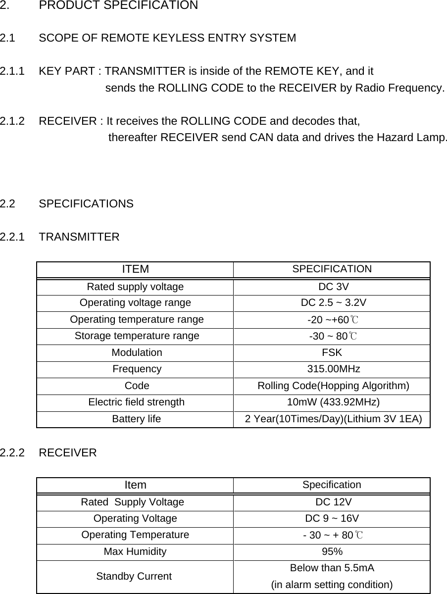 2. PRODUCT SPECIFICATION2.1 SCOPE OF REMOTE KEYLESS ENTRY SYSTEM2.1.1 KEY PART : TRANSMITTER is inside of the REMOTE KEY, and it                      sends the ROLLING CODE to the RECEIVER by Radio Frequency. 2.1.2 RECEIVER : It receives the ROLLING CODE and decodes that,                      thereafter RECEIVER send CAN data and drives the Hazard Lamp.2.2 SPECIFICATIONS2.2.1 TRANSMITTER2.2.2 RECEIVER Storage temperature range  -30 ~ 80℃ Modulation FSKITEM SPECIFICATIONRated supply voltage  DC 3VOperating voltage range  DC 2.5 ~ 3.2V Operating temperature range  -20 ~+60℃ Frequency  315.00MHz Code  Rolling Code(Hopping Algorithm) Battery life  2 Year(10Times/Day)(Lithium 3V 1EA) Electric field strength  10mW (433.92MHz)Below than 5.5mA Operating Temperature   - 30 ~ + 80℃Max Humidity 95% Standby Current   (in alarm setting condition)SpecificationItem DC 9 ~ 16V  Operating Voltage  DC 12V Rated  Supply Voltage   