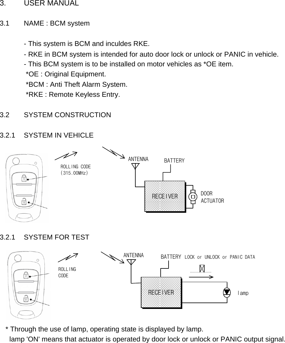 3. USER MANUAL3.1 NAME : BCM system- This system is BCM and inculdes RKE.  - RKE in BCM system is intended for auto door lock or unlock or PANIC in vehicle. - This BCM system is to be installed on motor vehicles as *OE item. *OE : Original Equipment. *BCM : Anti Theft Alarm System. *RKE : Remote Keyless Entry.3.2 SYSTEM CONSTRUCTION3.2.1 SYSTEM IN VEHICLE3.2.1 SYSTEM FOR TEST    * Through the use of lamp, operating state is displayed by lamp.     lamp &apos;ON&apos; means that actuator is operated by door lock or unlock or PANIC output signal. ANTENNA BATTERYDOORACTUATORROLLINGCODEANTENNARECEIVERBATTERYlampRECEIVERLOCK or UNLOCK or PANIC DATAROLLING CODE(315.00MHz)