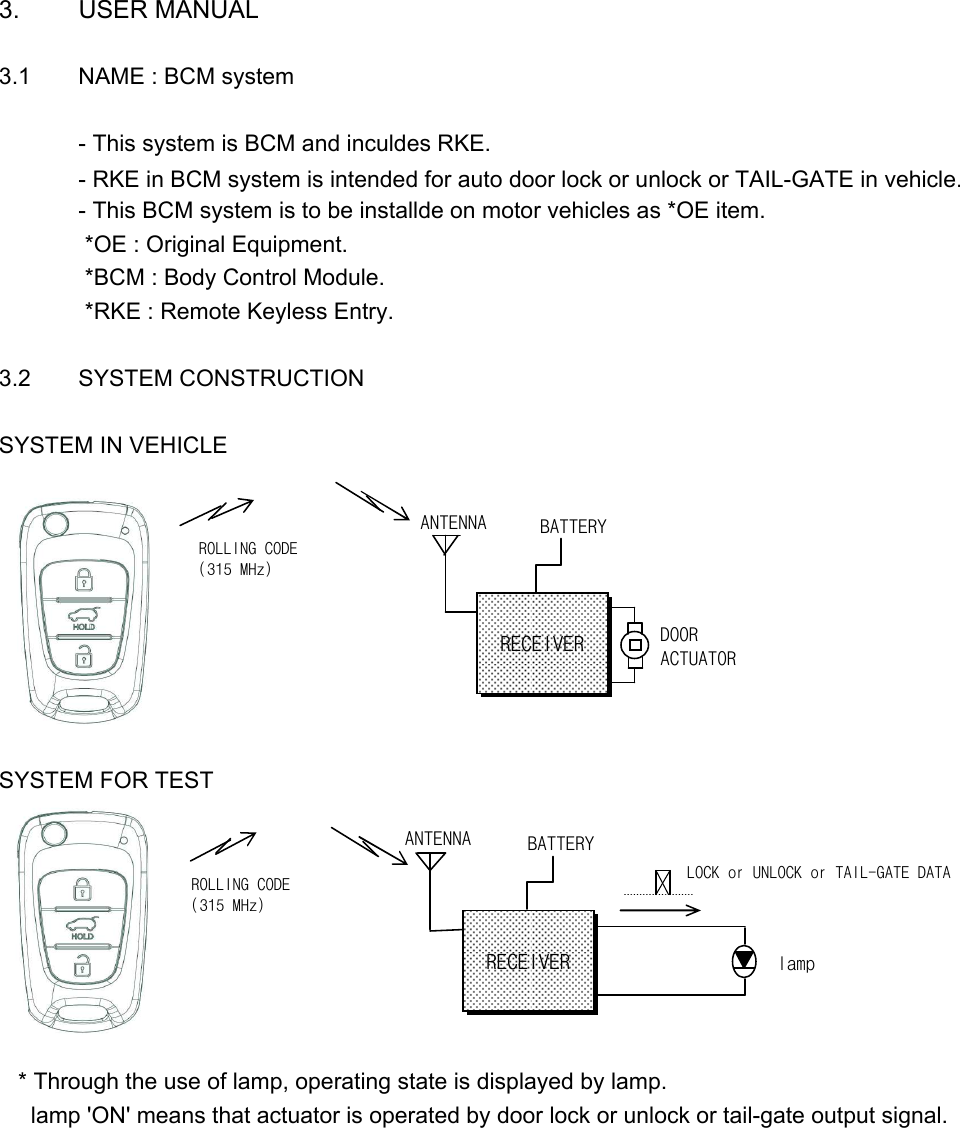 3. USER MANUAL3.1 NAME : BCM system- This system is BCM and inculdes RKE.  - RKE in BCM system is intended for auto door lock or unlock or TAIL-GATE in vehicle. - This BCM system is to be installde on motor vehicles as *OE item. *OE : Original Equipment. *BCM : Body Control Module. *RKE : Remote Keyless Entry.3.2 SYSTEM CONSTRUCTIONSYSTEM IN VEHICLESYSTEM FOR TEST    * Through the use of lamp, operating state is displayed by lamp.     lamp &apos;ON&apos; means that actuator is operated by door lock or unlock or tail-gate output signal. ANTENNAROLLING CODE(315 MHz)ANTENNARECEIVERBATTERYlampROLLING CODE(315 MHz)LOCK or UNLOCK or TAIL-GATE DATABATTERYDOORACTUATORRECEIVER